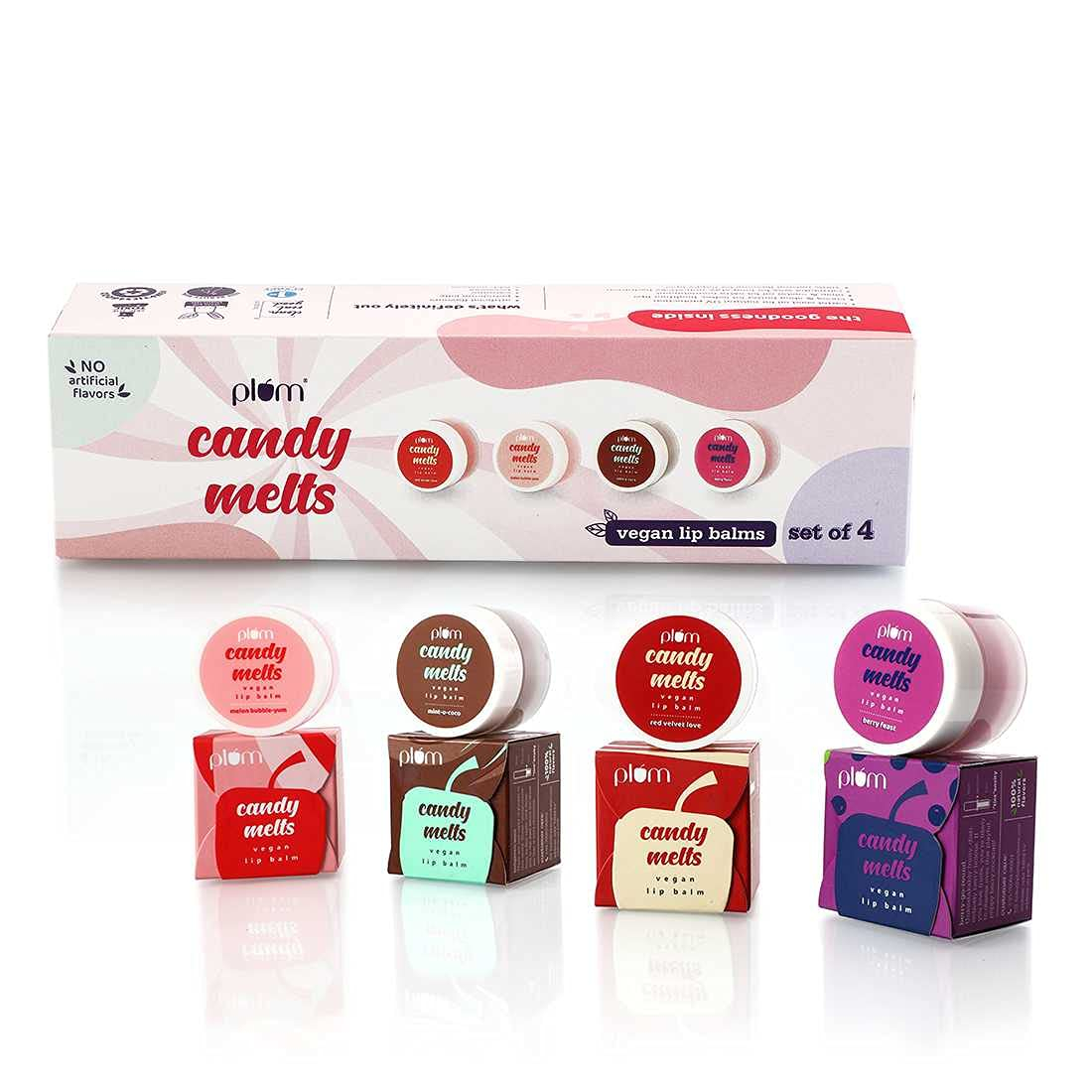 Plum Candy Melts Lip Balm Gift Set | Pack of 4 delicious lip balms | Long Stay Hydration | No Dry Lips | Daily Lip Care | 100% Vegan | 100% Natural Flavour