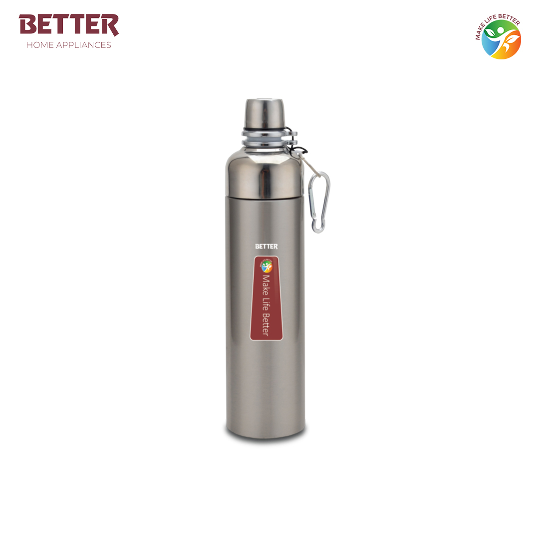 Better Pluto Sports Bottle, 600 ml, Metallic Silver Stainless Steel | Vacuum Insulated Flask