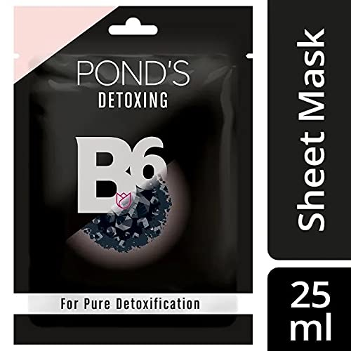 POND'S Activated Charcoal Sheet Mask, With Vitamin B6 For Clear Detox Skin, Paraben Free, Black Biodegradable Fabric, 25 ml