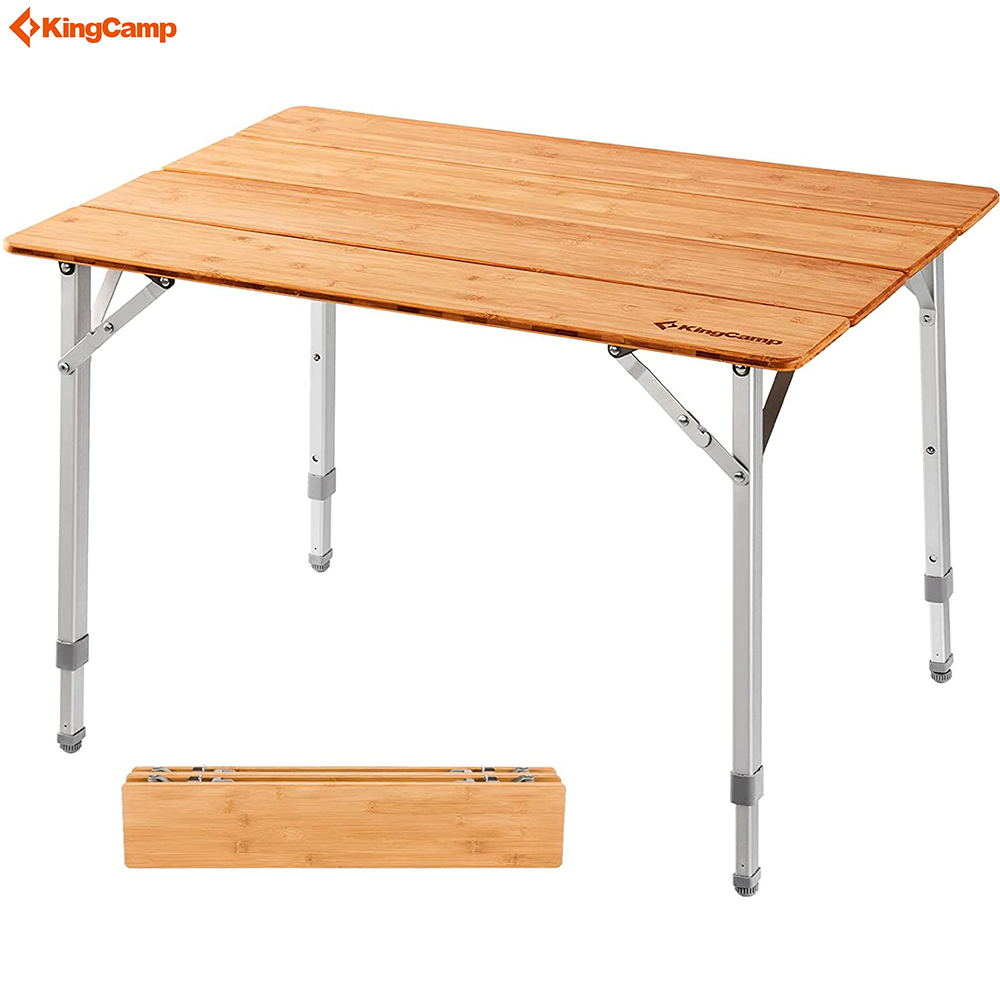 Kingcamp Portable Bamboo Folding Table For Picnic Camping With Carry Bag 4 Fold Heavy Duty, Adjustable Height, Aluminum Frame