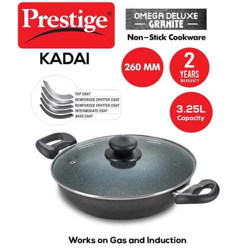 Prestige 36311 OMG DLX GNT Kadai 260MM with Glass Lid 3.25 LTR Non Stick Kadai IB