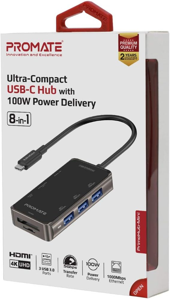 Promate USB-C Hub, Multi-Functional 8-in-1 Type-C Adapter with 100W USB-C Power Delivery Port, 4K HDMI, TF/SD Card Slot, RJ45 Port and 3 USB 3.0 Sync Charge Ports for MacBook Pro, XPS, PrimeHub-Mini