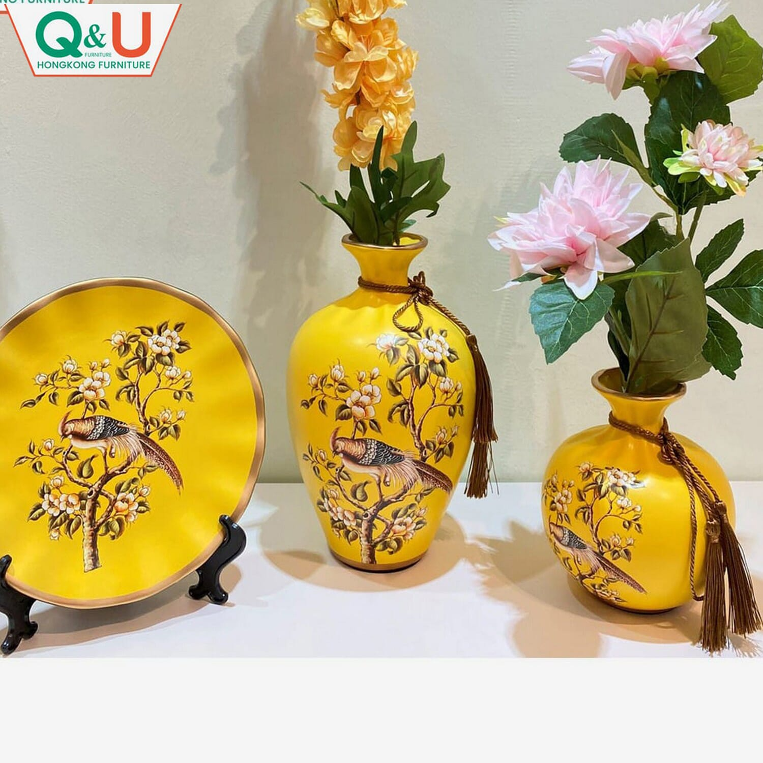 Q&U DB-0002 - Decorative Avian Print 3 Set Vase & Plate
