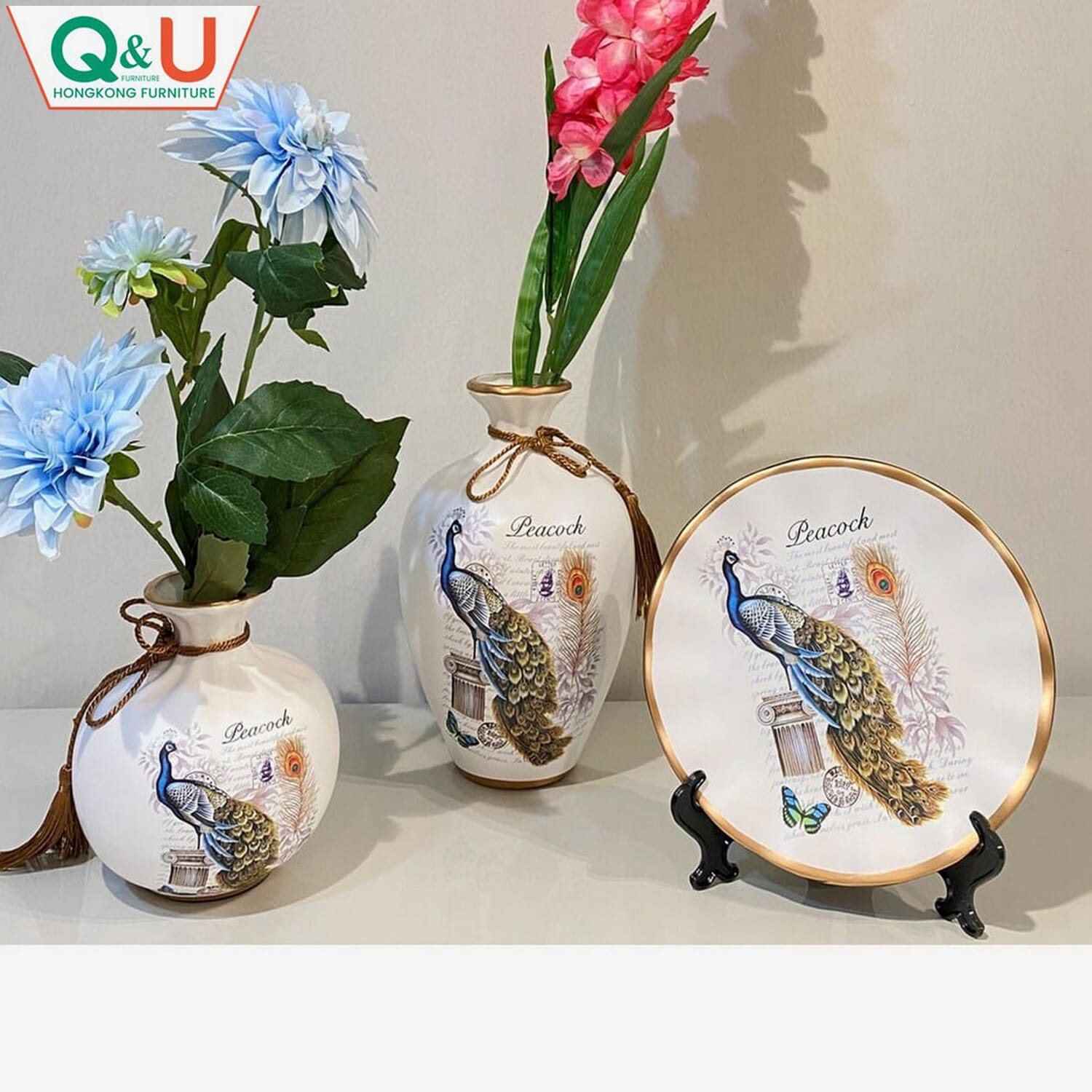 Q&U DB-0002a - Decorative Peacock Print 3 Set Vase & Plate
