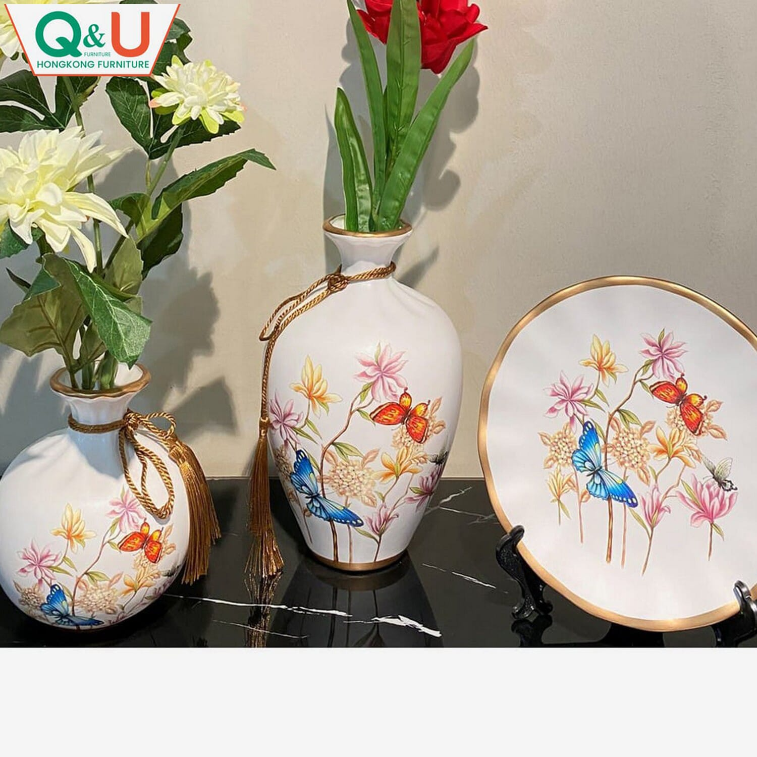 Q&U DB-0002b - Decorative Floral Print 3 Set Vase & Plate