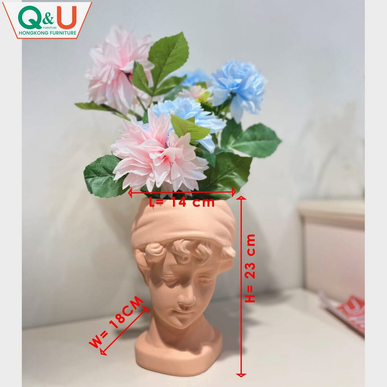 Q&U DB-0006p - Sculpture Decorative Pink Color Flower Vase