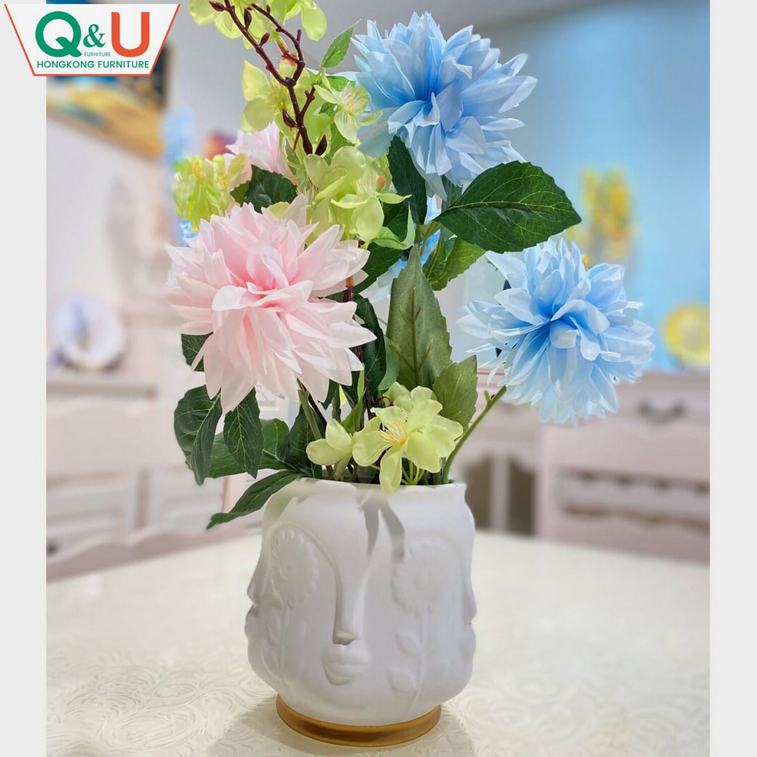 Q&U DB-0007sw - Sculpture Decorative White Color Short Flower Vase