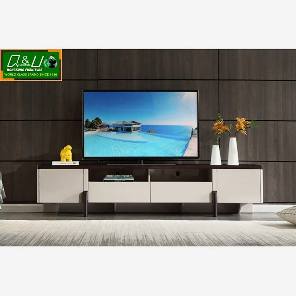 Q&U Furniture - Modern Design Tempered Glass Top Tv Table {L= 6.11feet * B= 1.5feet * H= 1.8feet} - 870122