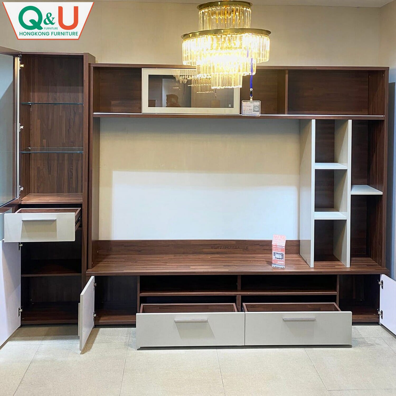 Q&U Furniture - Sketch The Time Design Brown & Off-white Big TV Cabinet {L= 9.3feet * B= 1.3feet * H= 6.8feet} - 61826