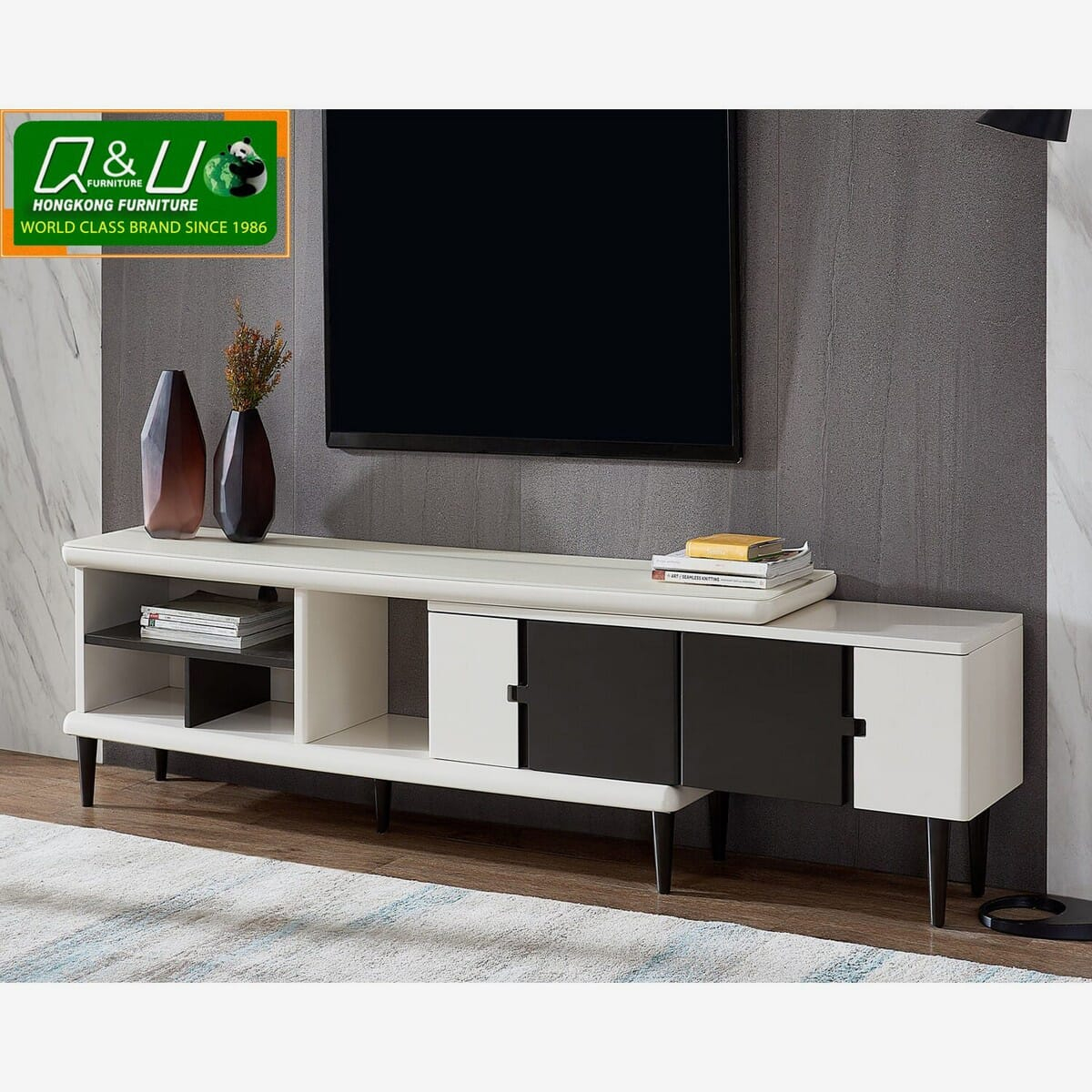 Q&U Furniture - Expandable B&W TV Table {L= 7.3feet * B= 1.2feet * H= 1.6feet} - 36215