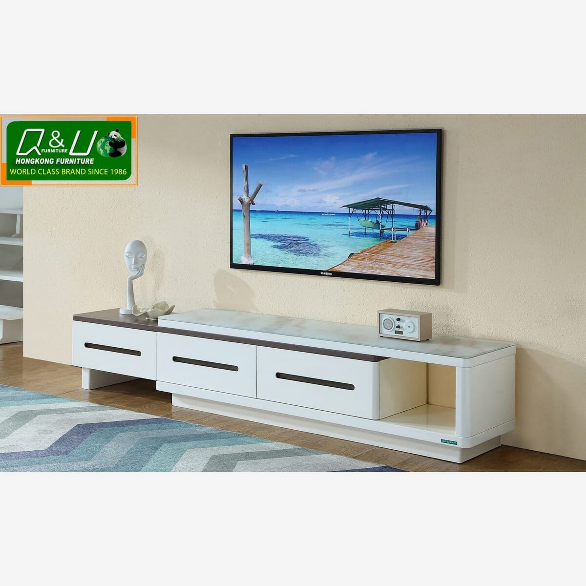 Q&U Furniture - Tempered Glass Top TV Table {L= 6.4feet * B= 1.3feet * H= 1.6feet} - 50527