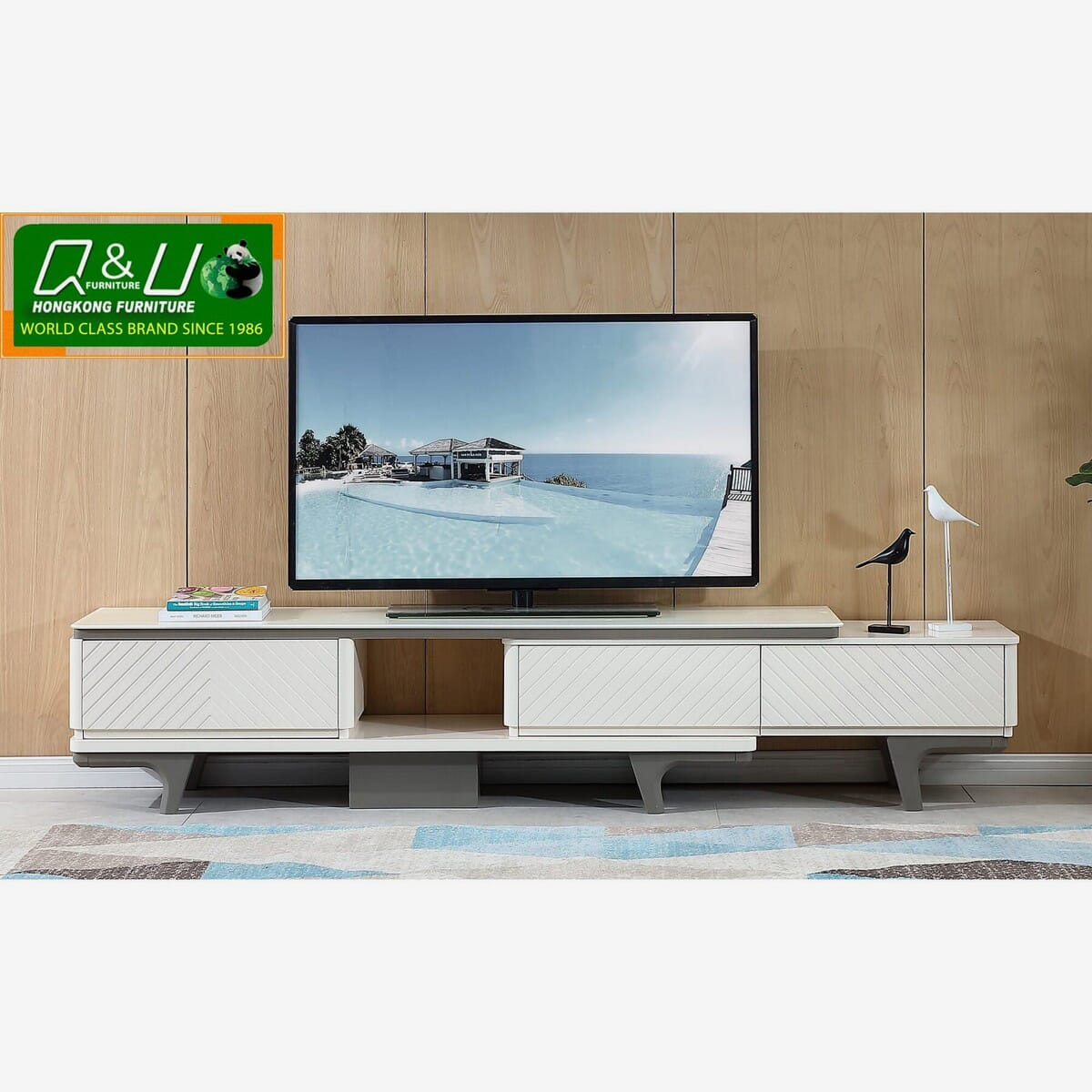 Q&U Furniture - Tempered Glass Top TV Table With Pattern {L= 6.8feet * B= 1.3feet * H= 1.6feet} - 36198