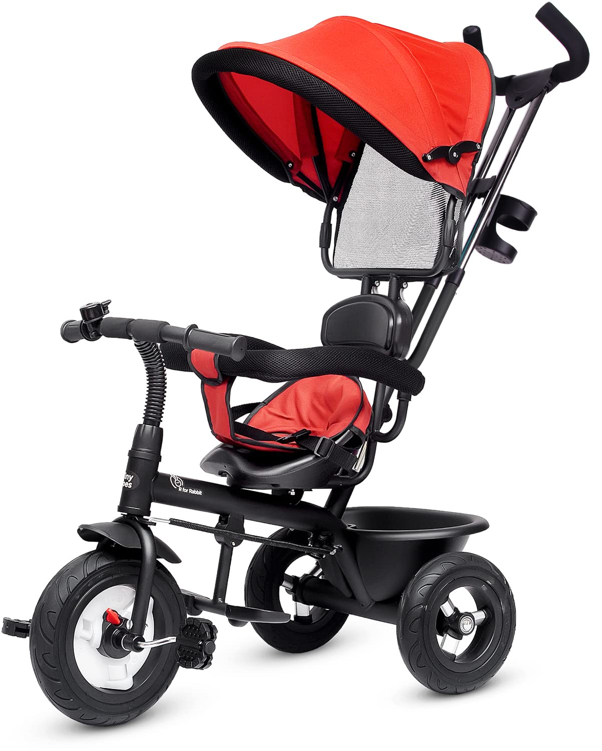 R for Rabbit Tiny Toes Sportz Baby Tricycle for Kids Smart Plug & Play with Canopy,Storage Basket, Parental Control Handle, Rubber Wheels Boys|Girls of 1.5 Years to 5 Years-Red/Black