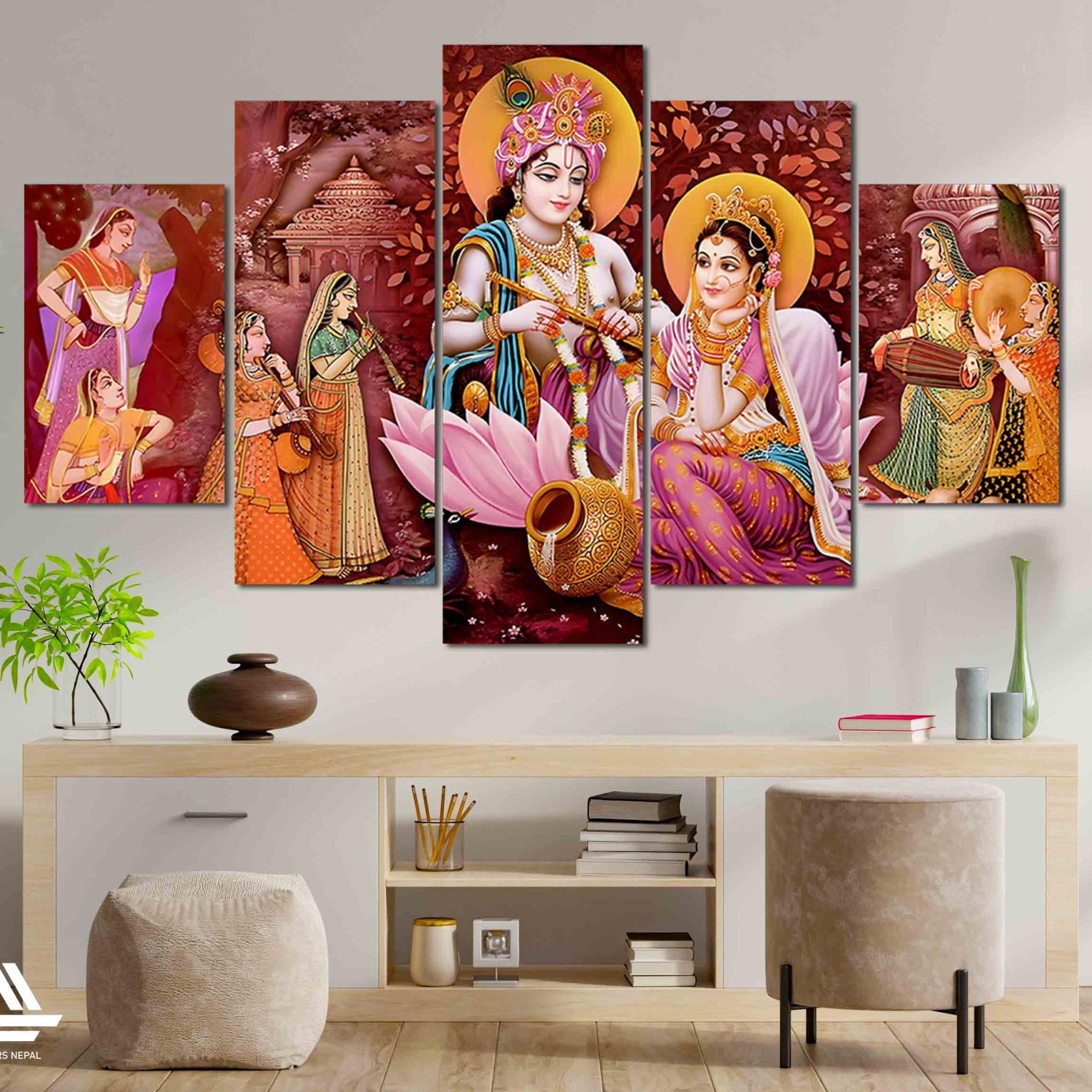 Radha Krishna 5 Panel Canvas | Wall | Home Decor | Canvas | Wall Art With Frame Inside