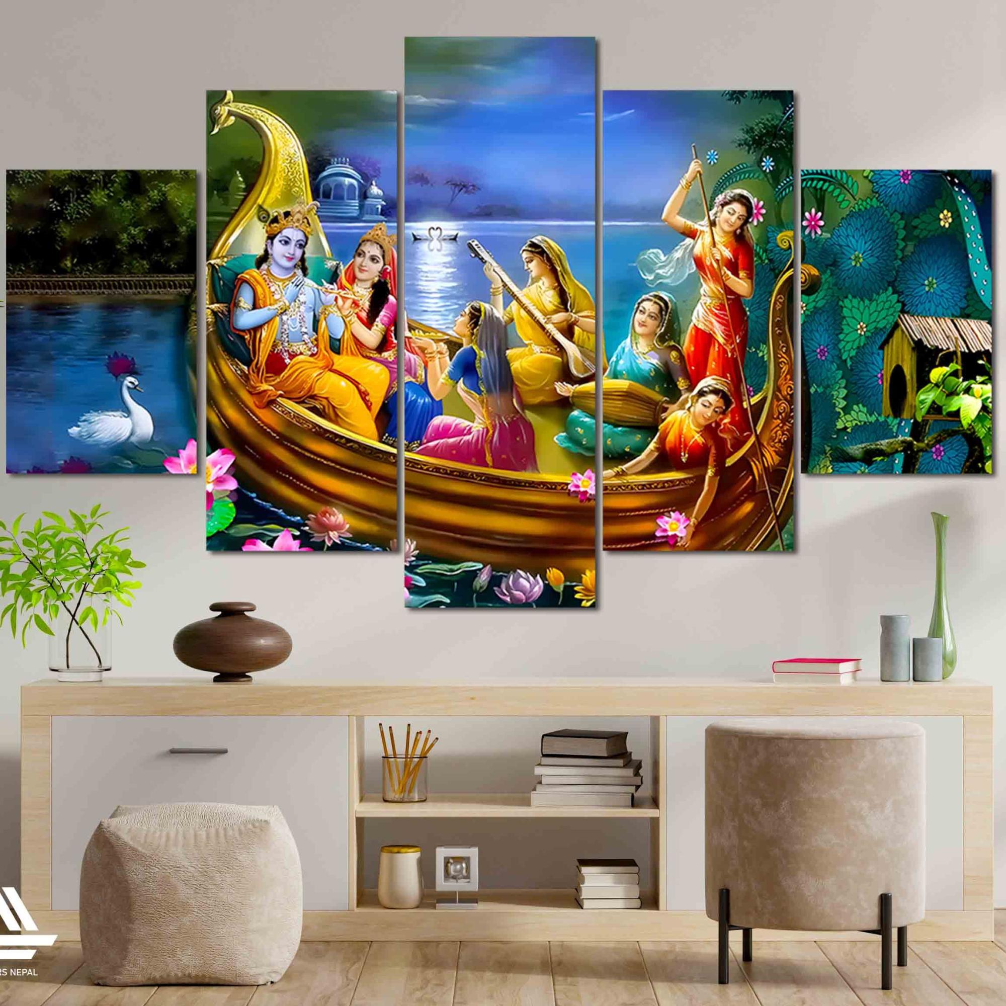 Radha Krishna 5 Panel Canvas | Wall | Home Decor | Canvas | Wall Art With Frame Inside