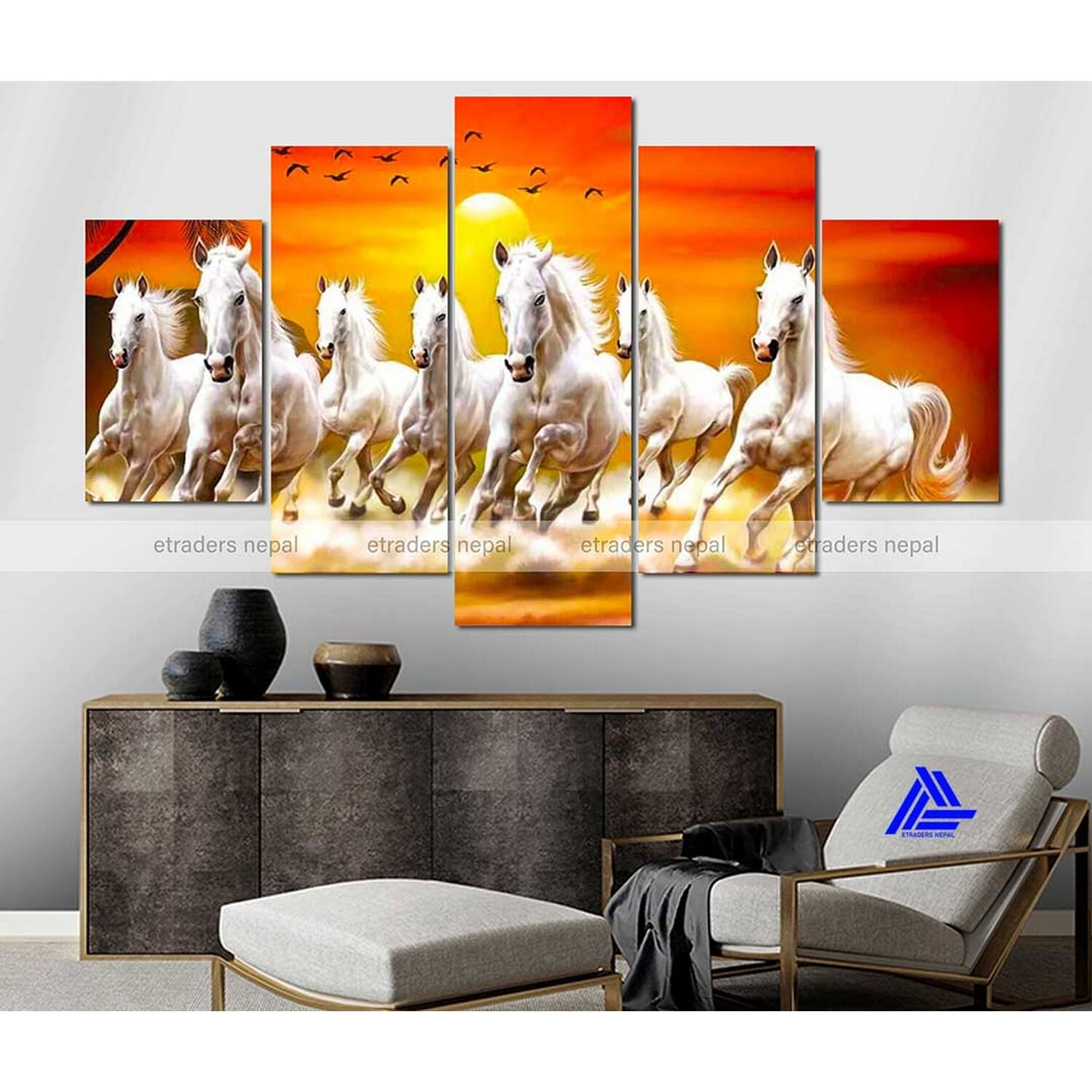 5 Panel 7 Running Horse Canvas | Wall | Home Decor | Canvas | Wall Art With Frame Inside 