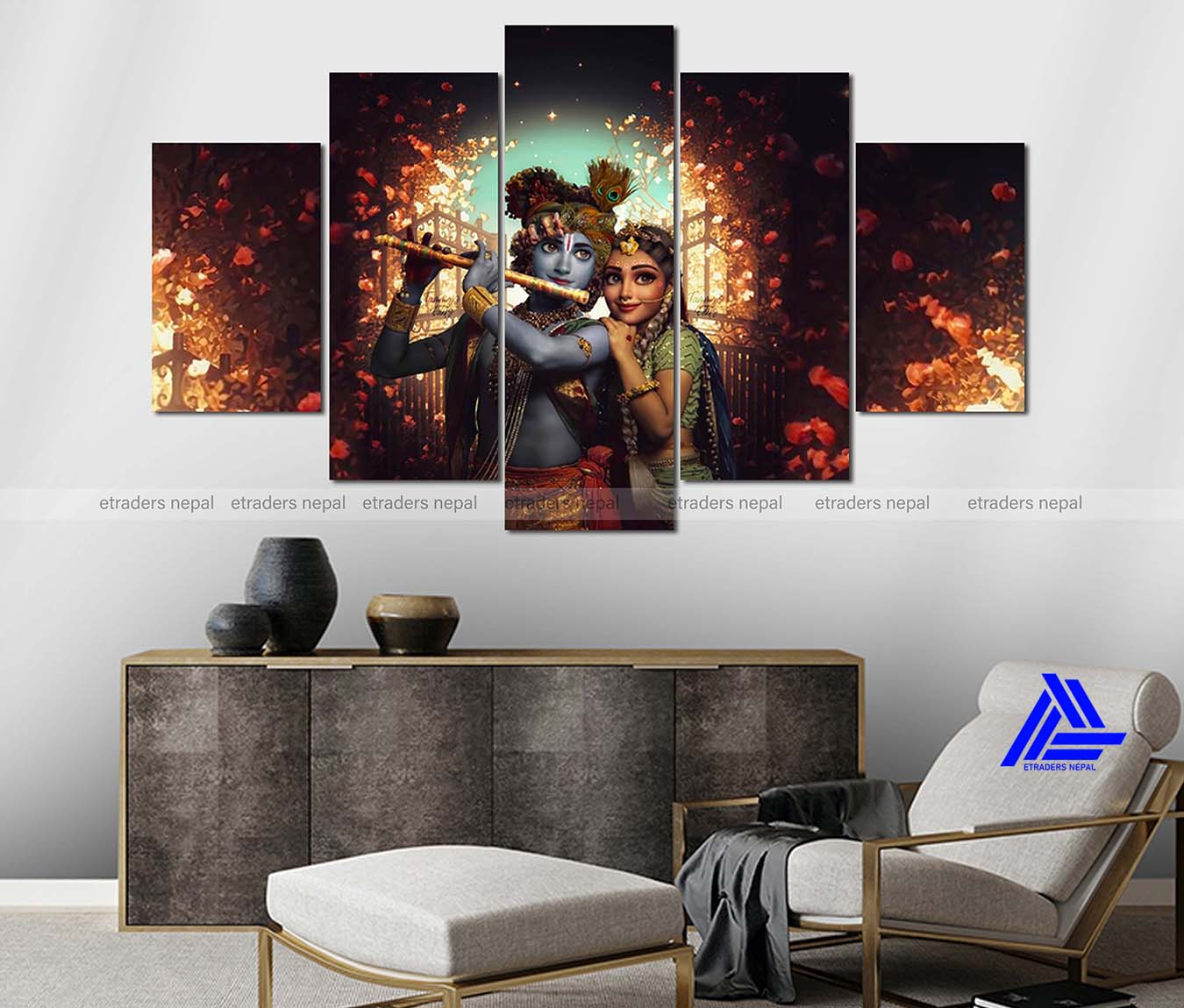 5 Panel Radha Krishna Canvas | Wall | Home Decor | Canvas | Wall Art With Frame Inside