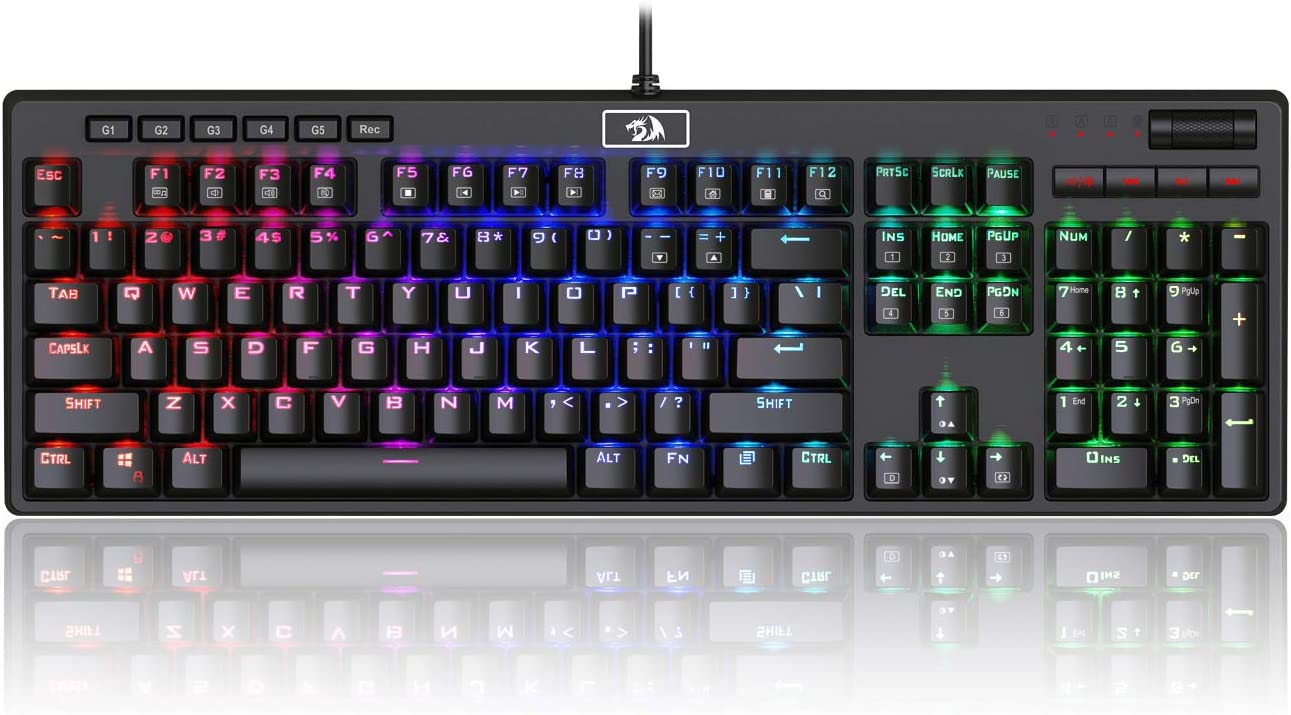 REDRAGON K579 Mechanical Gaming Keyboard Wired RGB LED Backlit Mechanical Gamers Keyboard with Macro Keys 104 Keys for Computer PC Laptop Fast Clicky Cherry Blue Switches Equivalent