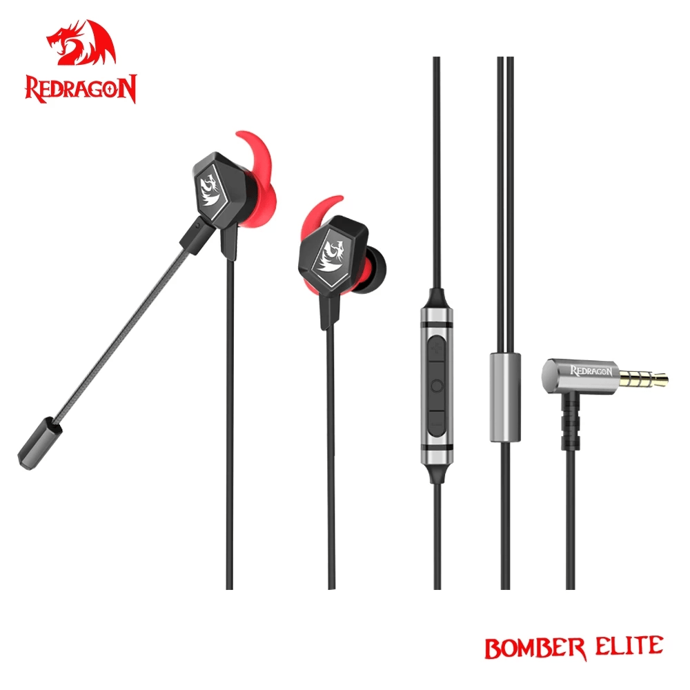 Redragon Bomber Elite E300 3.5MM Earphone gaming headphones with dual MIC Earbud Heavy Bass Mircophone for video and mobile game