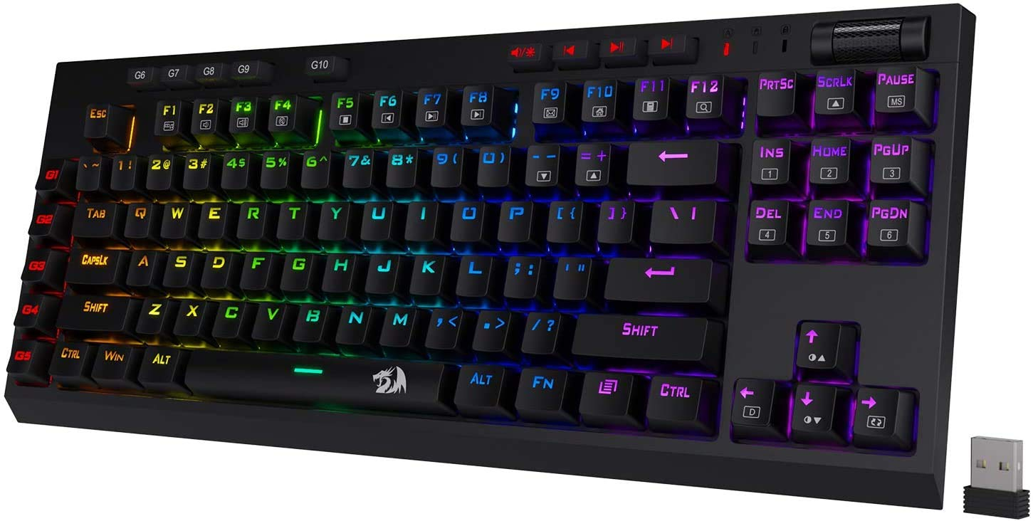 Redragon K596 Vishnu 2.4G Wireless/Wired RGB Mechanical Gaming Keyboard, 87 Keys TKL Compact Keyboard with 3000 mAh Battery, 10 Onboard Macro Keys & Wrist Rest, 10H Play Time, Red Switches