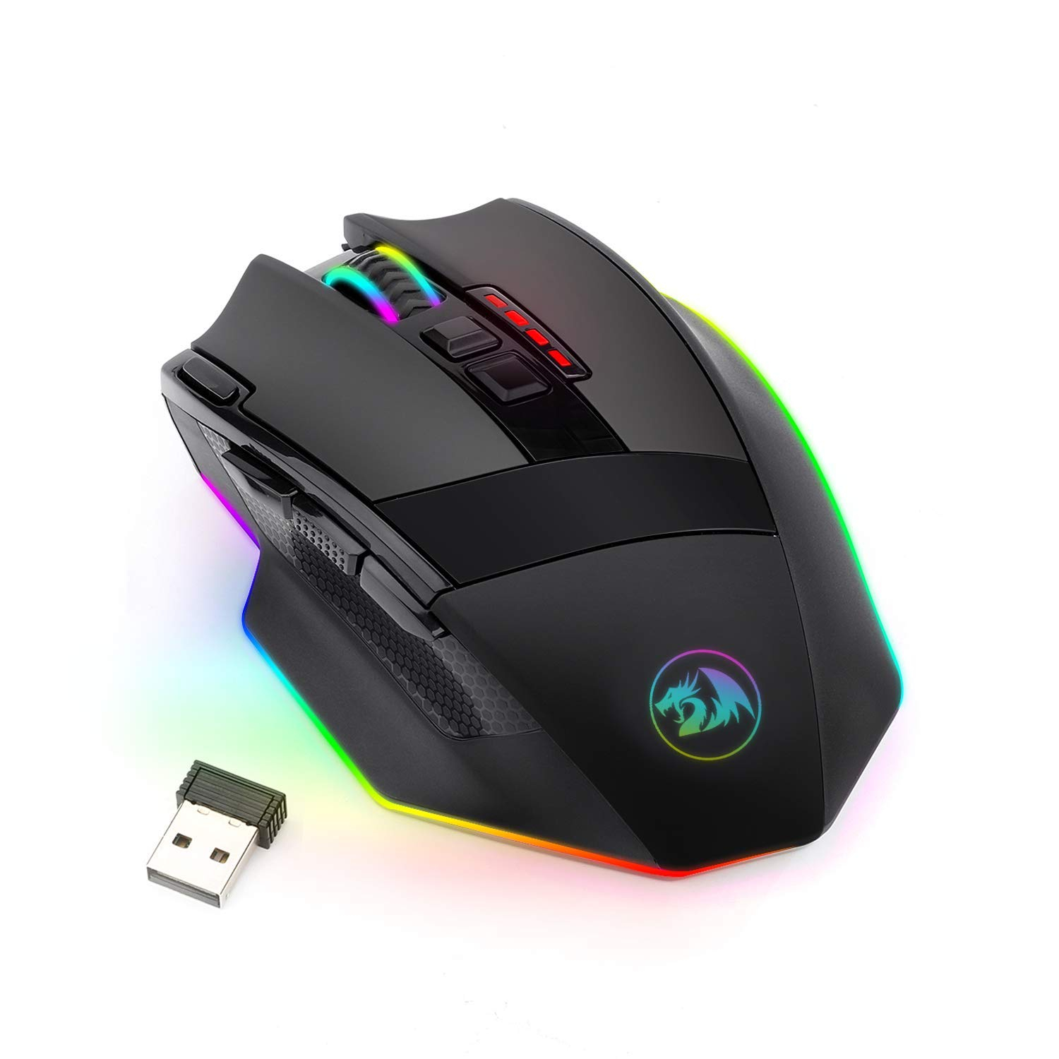 Redragon M801 PC Gaming Mouse LED RGB Backlit MMO 9 Programmable Buttons Mouse with Macro Recording Side Buttons Rapid Fire Button for Windows Computer Gamer (Wireless, Black)