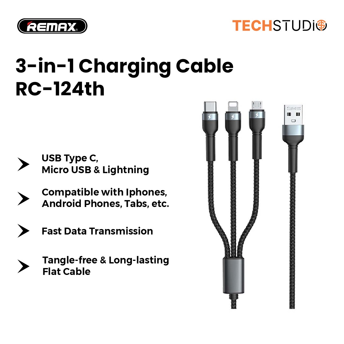 Remax RC-124th - Jany Series 3.1A 3-in-1 Charging Cable