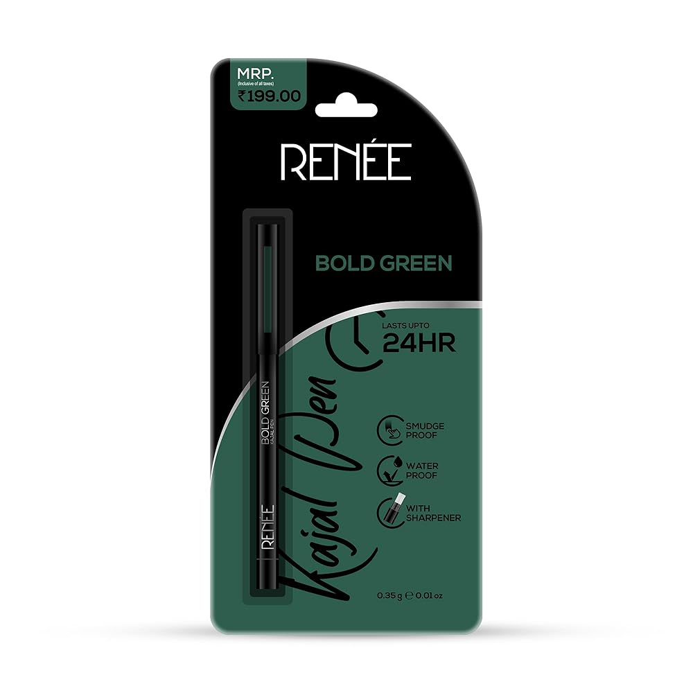 Renee Kajal Pen With Sharpener Bold Green 0.35gm|24 Hrs Stay Long Lasting Matte Finish Smudge & Water Proof