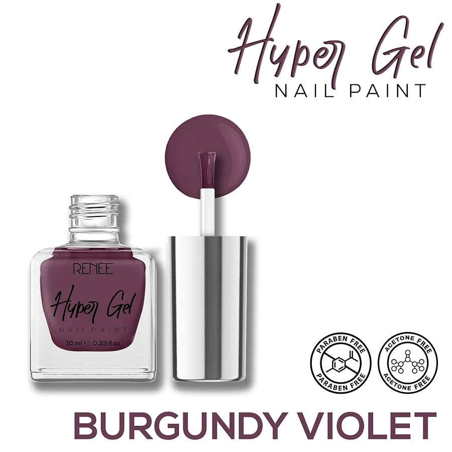 Renee Hyper Gel Nail Paint Burgundy Violet 10ml - Quick Drying Glossy Finish Long Lasting