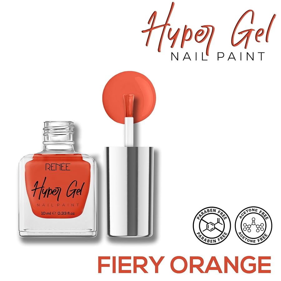 Renee Hyper Gel Nail Paint Fiery Orange 10ml - Quick Dry Glossy Finish Long Lasting