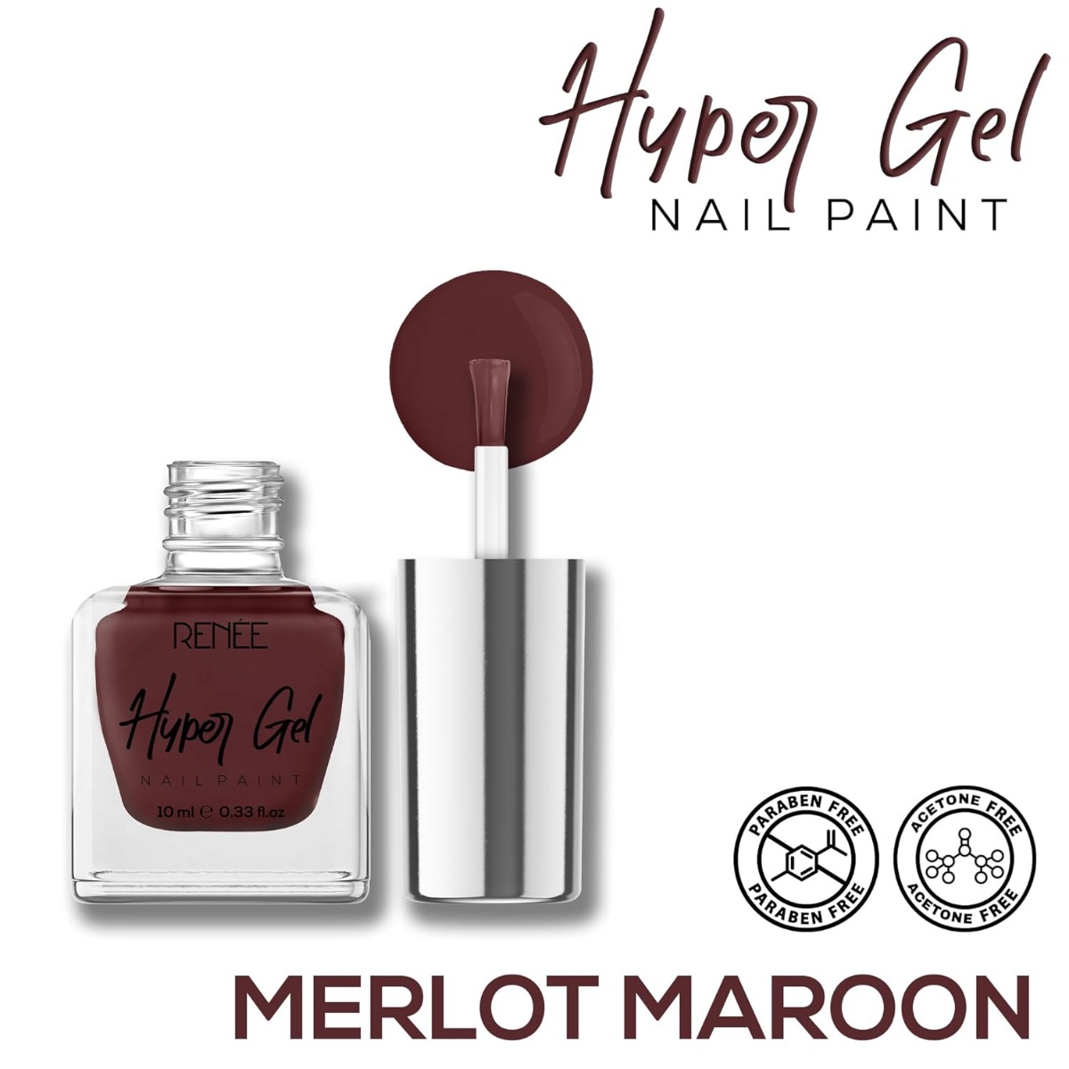 Renee Hyper Gel Nail Paint Merlot Maroon 10ml - Quick Drying Long Lasting Chip Resisting Nail Polish