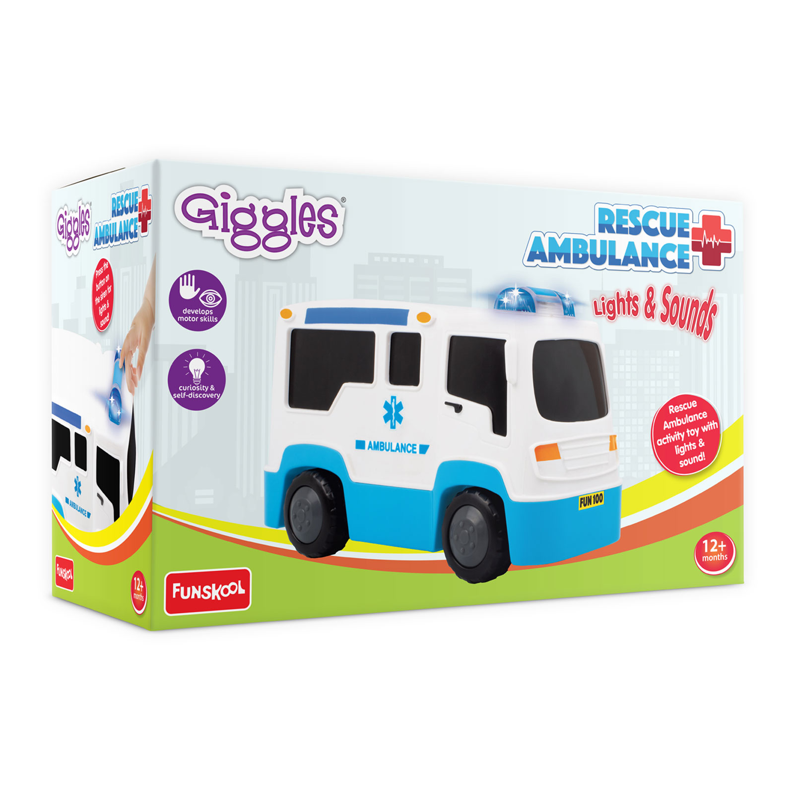 Funskool Giggles Rescue Ambulance , Multicolour Vehicle with Lights and Sounds , Develops Motor Skills ,12 Months & Above ,Infant and Preschool Toys