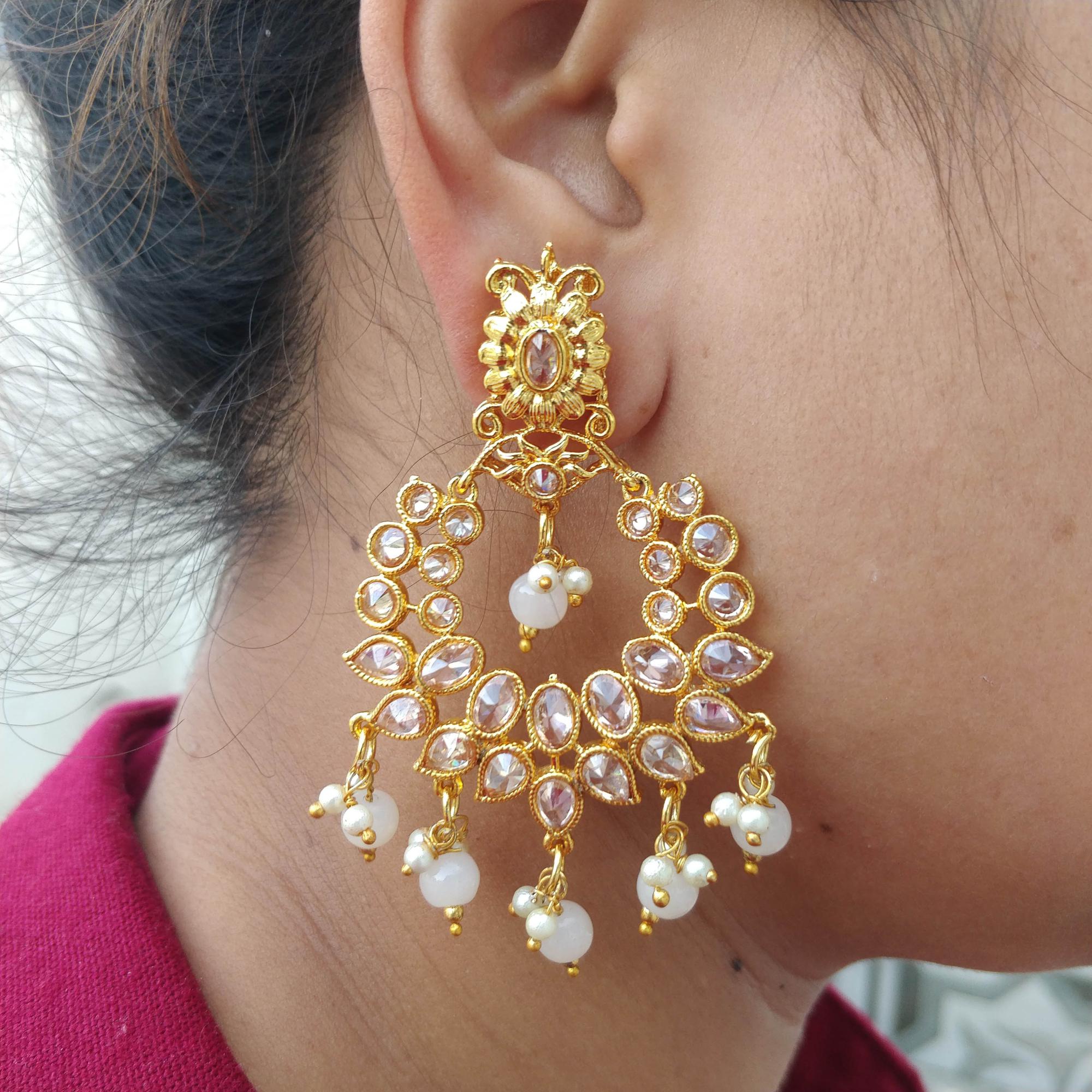  Reversed American Diamond Stone Big Heavy Design Studded Earring/Jhumka