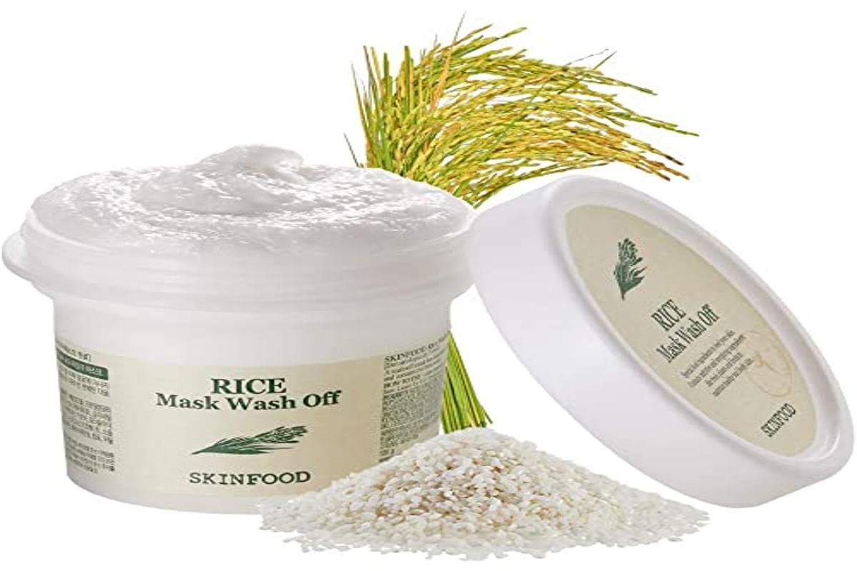 SKINFOOD Mask Rice 100g - White Rice Exfoliating Scrub Wash Off Face Masks for Darken Skin - Facial Cleanser, Pore Exfoliator, Soften Body Skin - Safe For Men and Women