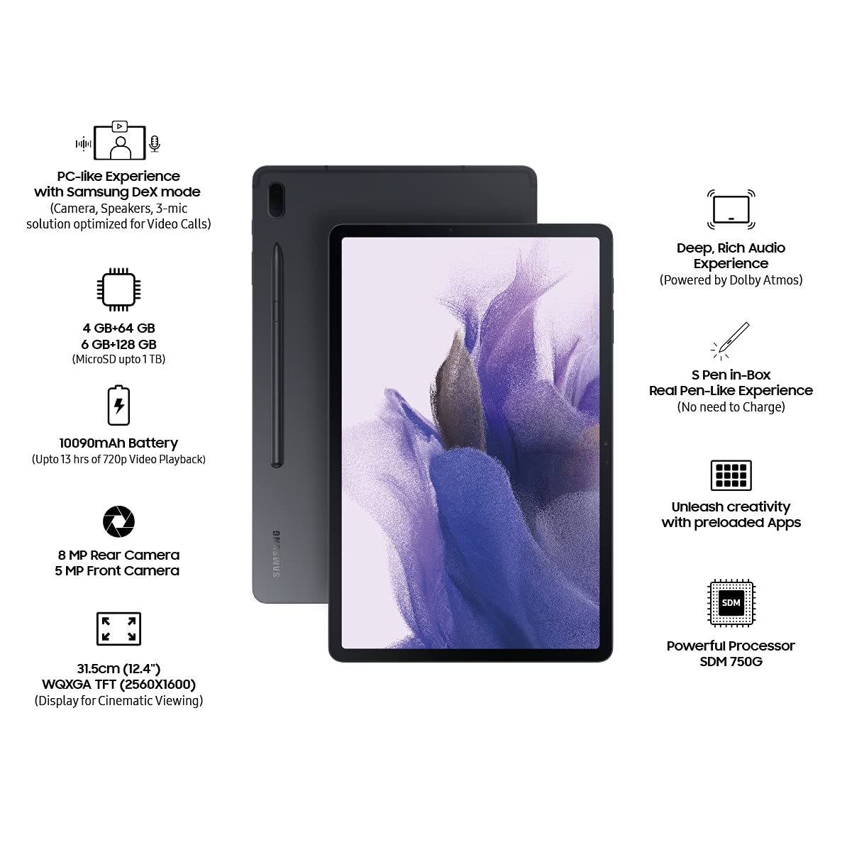 Samsung Galaxy Tab S7 FE 31.5 cm (12.4 inch) , S-Pen 4 GB RAM 64 GB Storage,Wi-Fi+4G,Black Tablet (SM-T735)