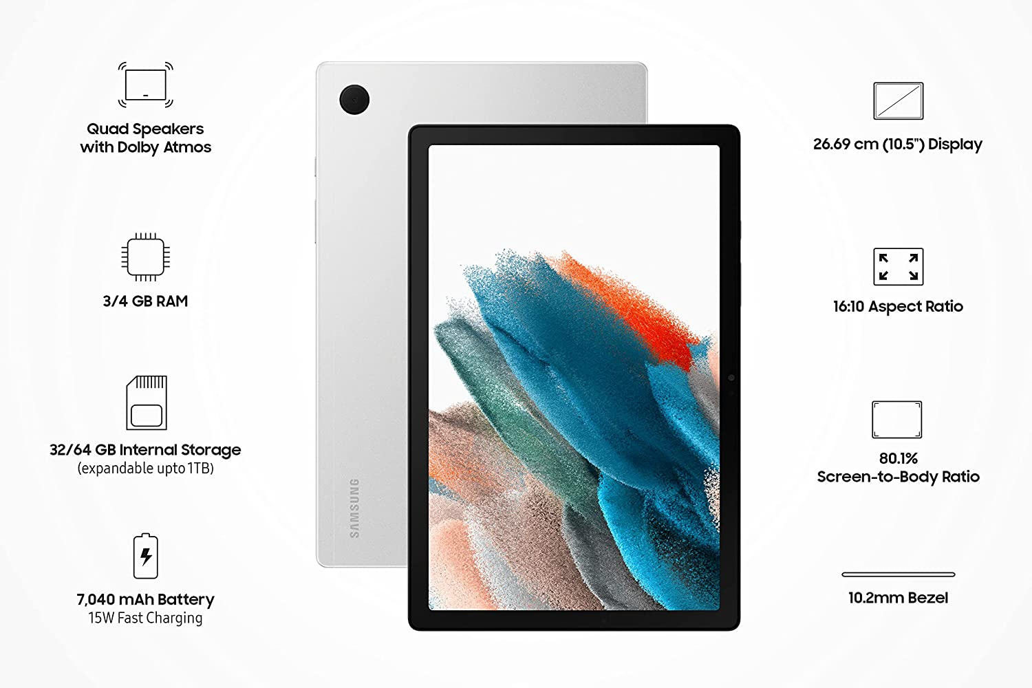 Samsung Galaxy Tab A8 26.69cm (10.5 inch) Display, RAM 4 GB, ROM 64 GB Expandable, Wi-Fi Tablet, Silver