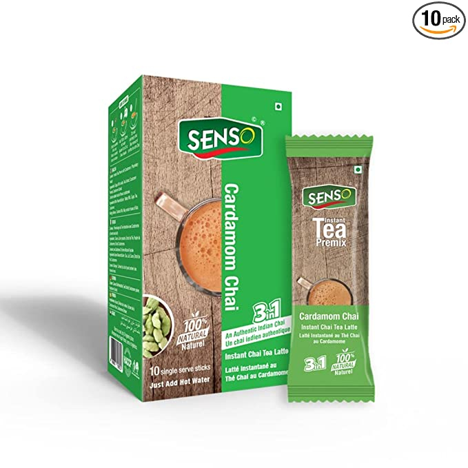 Senso Instant Cardamom Masala Tea Premix - Premium Chai with 100% Natural Spices - Regular Sugar - Cardamom Tea Powder | Cardamom Chai | (10 Sachets) 10 x 14g = 140g Masala Chai | tea premix | Assam Tea | Organic Tea | Instant Masala Tea