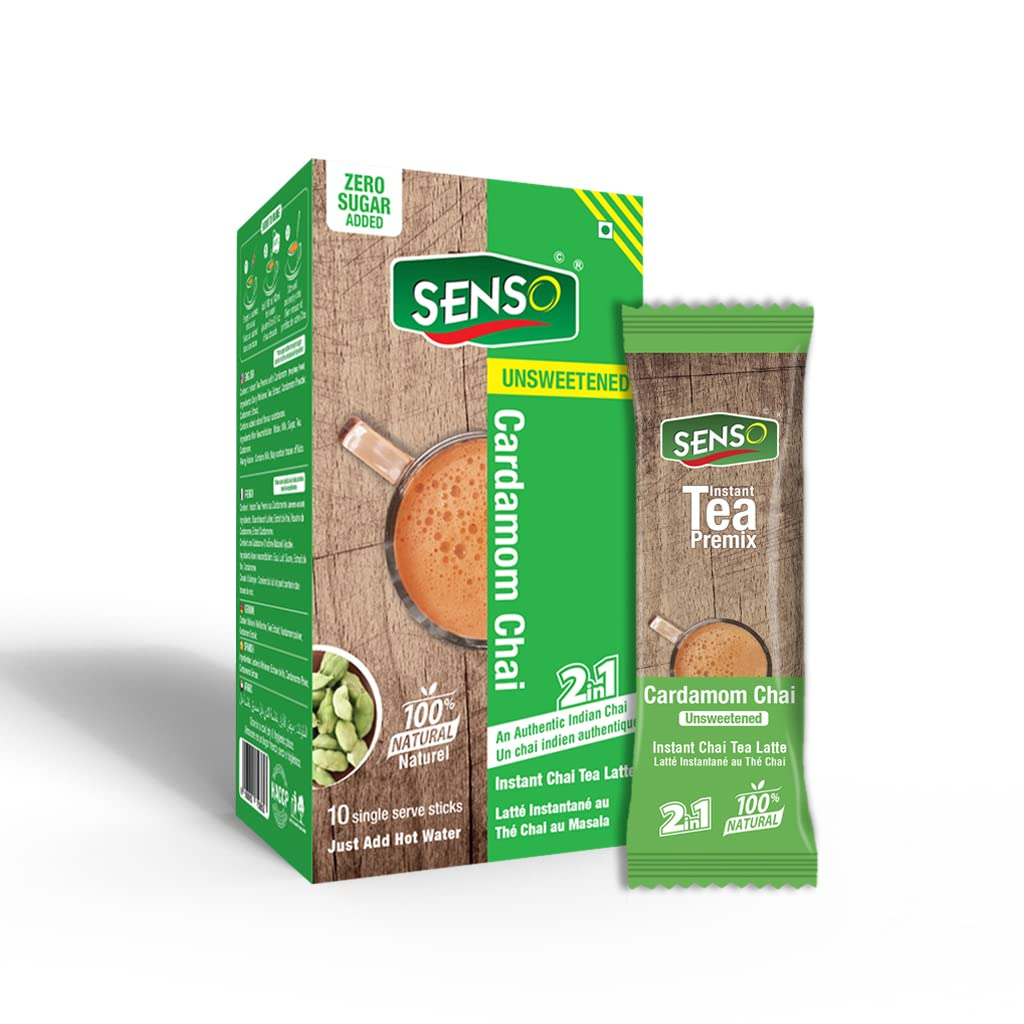 Senso Cardamom Tea Unsweetened Sachets -Chai Premix - NO Sugar - Cardamom Flavor| Cardamom Tea Powder | Cardamom Chai | Premix Ready Mix Tea | Assam Tea | Flavored Tea 8gm x 10pack