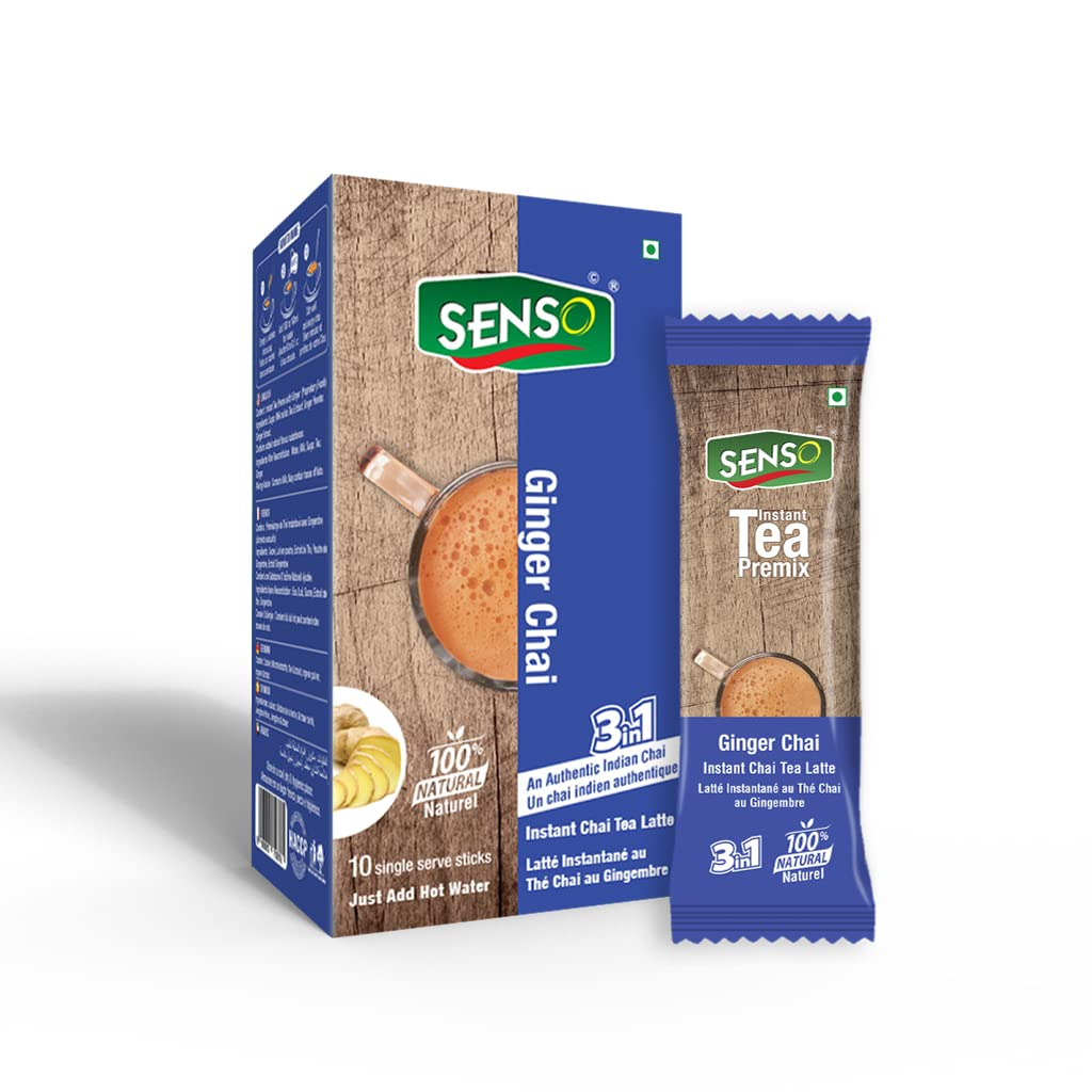Senso Instant Ginger Masala Tea Premix - Premium Chai with 100% Natural Spices - Regular Sugar - Cardamom Tea Powder | Cardamom Chai | (10 Sachets) 10 x 14g =140g Masala Chai | tea premix Masala | Assam Tea | Black Tea | Organic Tea | Tea Masala | Instant