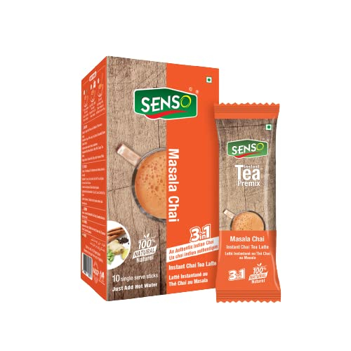 Senso Instant Masala Tea Premix - Premium Chai with 100% Natural Spices - Regular Sugar - Masala Flavour (10 Sachets) 10 x 14g = 140g Masala Chai | Assam Tea |Organic Tea | Instant Masala Tea | Masala Flavored Tea | Desi Chai Sachets