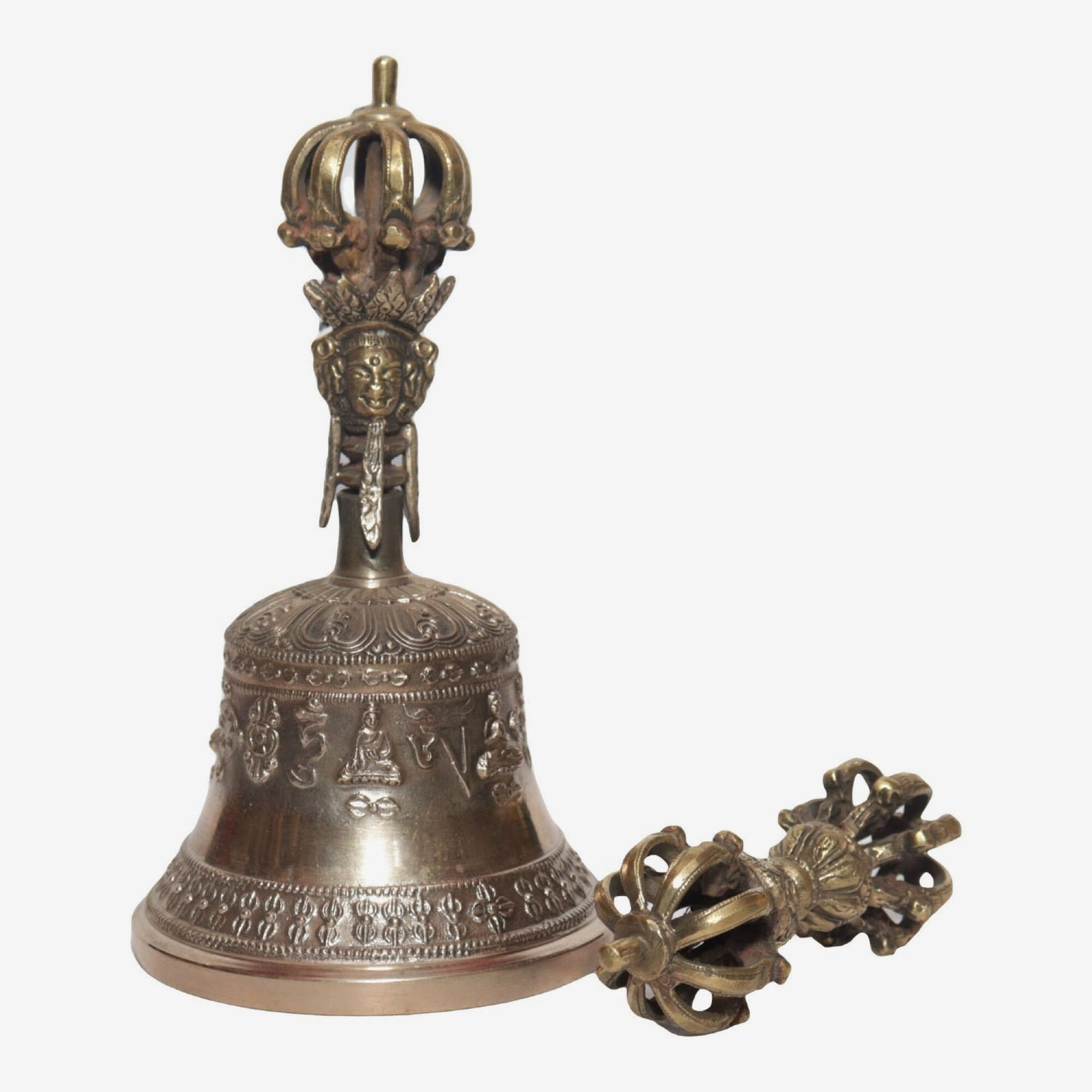 Seven Chakra Handicraft - Shiny White Panchabuddha Designed 8 Heads Bronze Bell With Bajra Set 18 cm 450 g