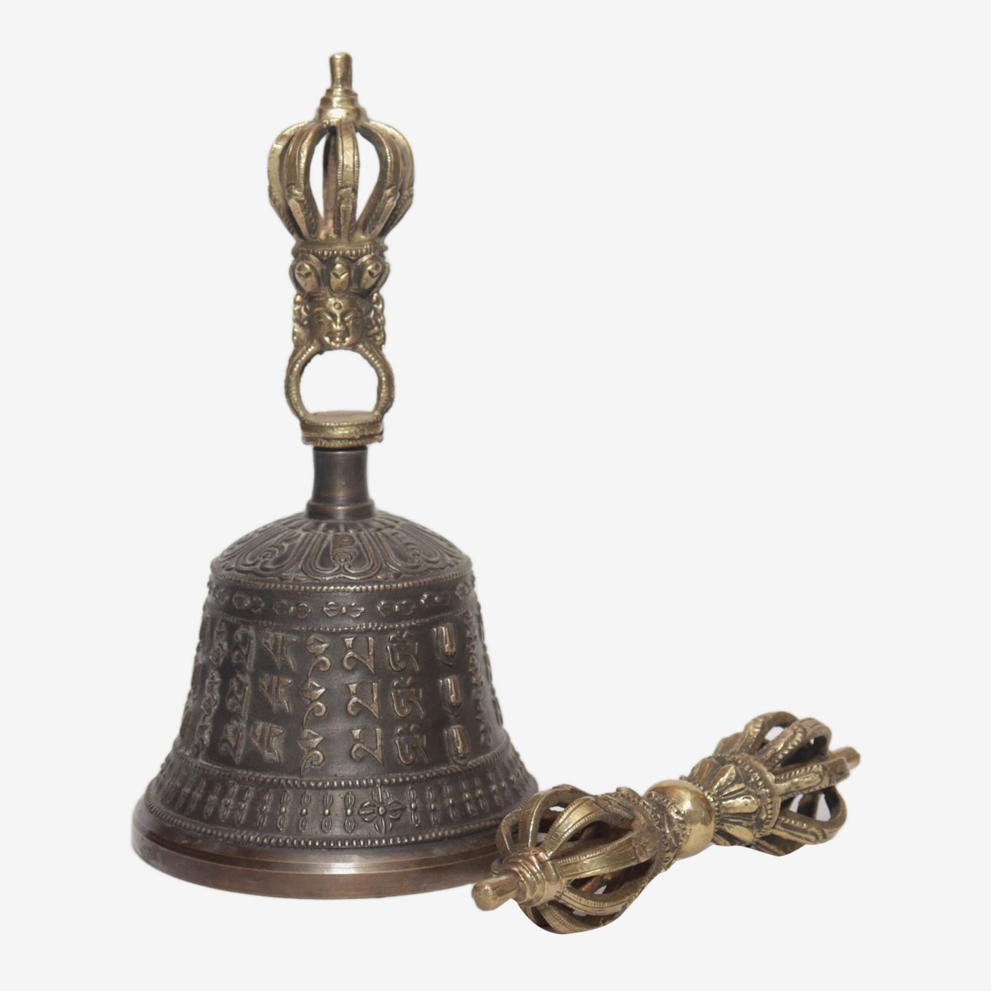 Seven Chakra Handicraft - Black Mantra Designed 8 Heads Bronze Bell With Bajra Set 18 cm 450 g