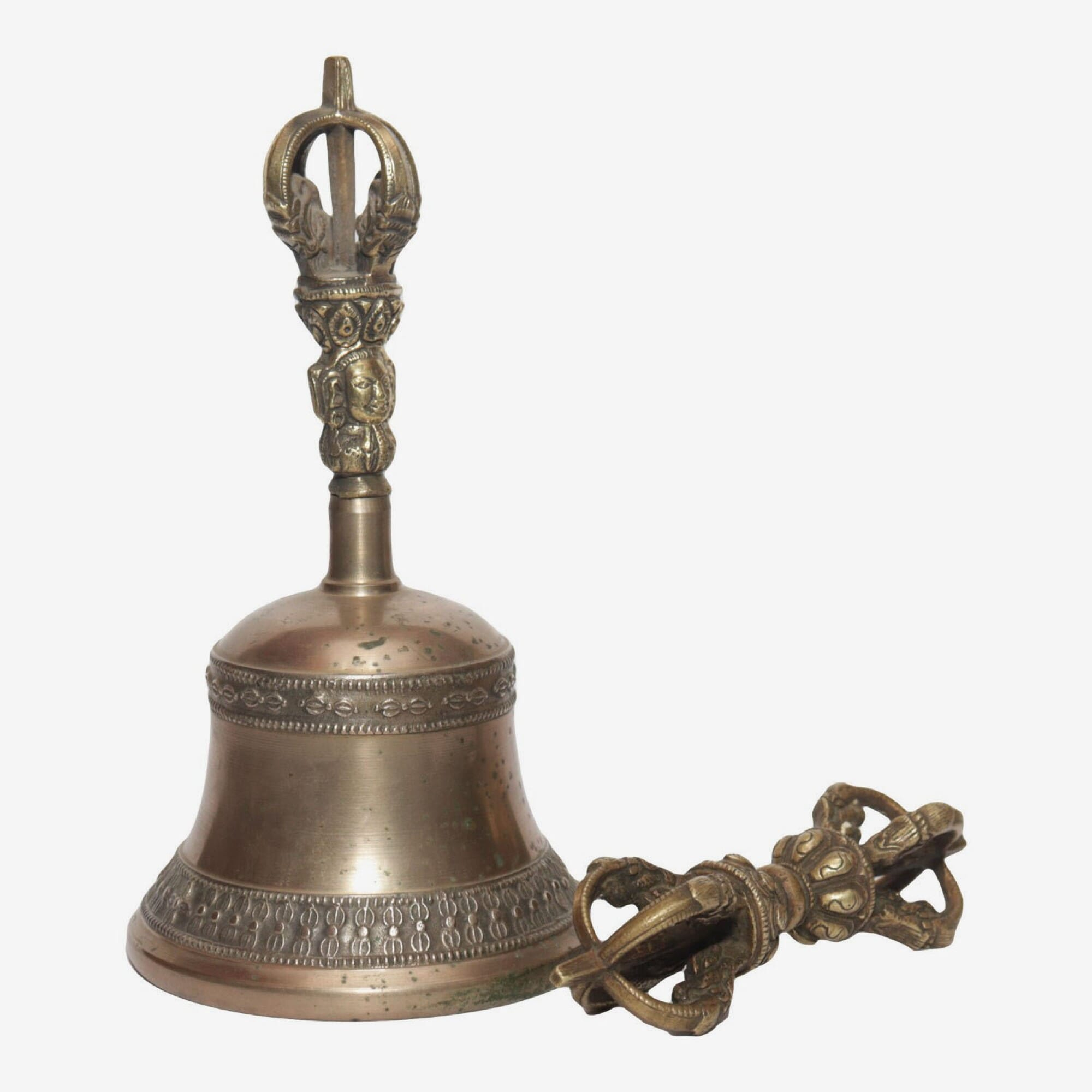Seven Chakra Handicraft -Shiny White Plain Designed Bronze Bell With Bajra Set 18 cm 450 g