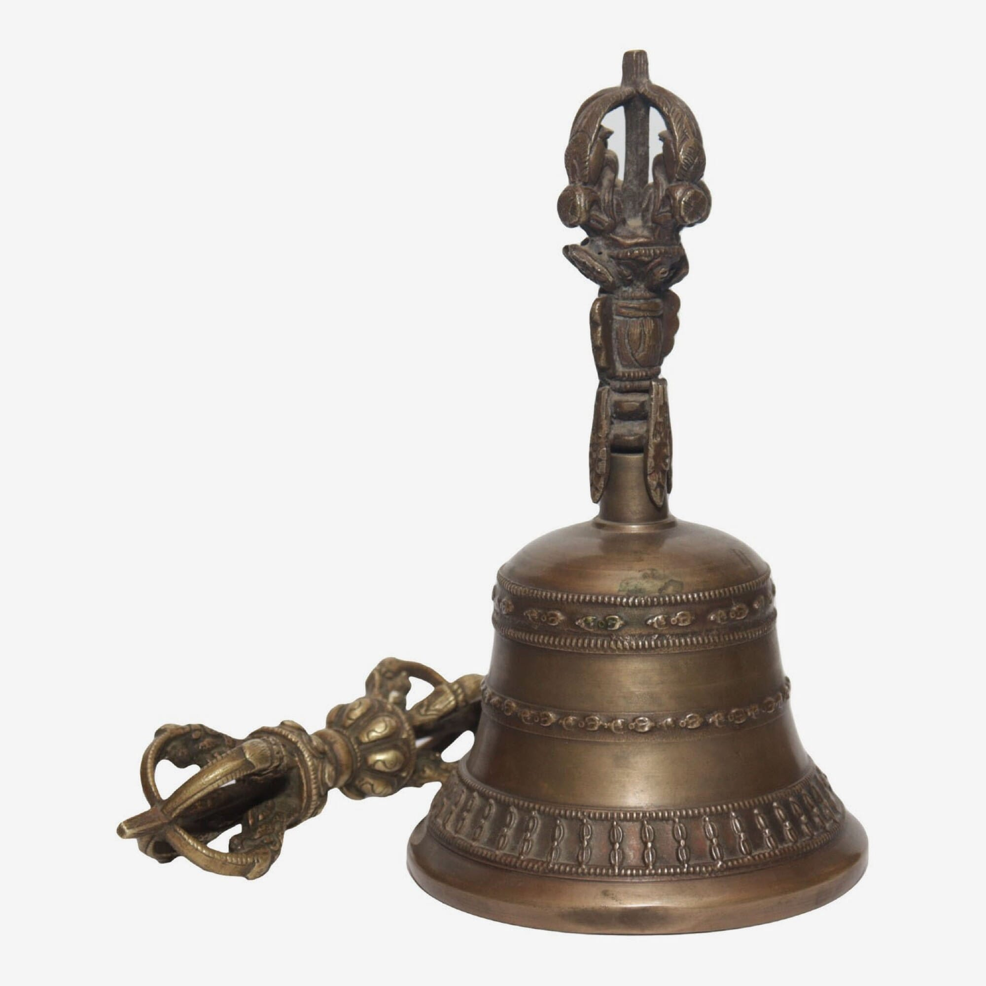 Seven Chakra Handicraft - Grey Plain Designed Bronze Bell With Bajra Set 18 cm 450 g