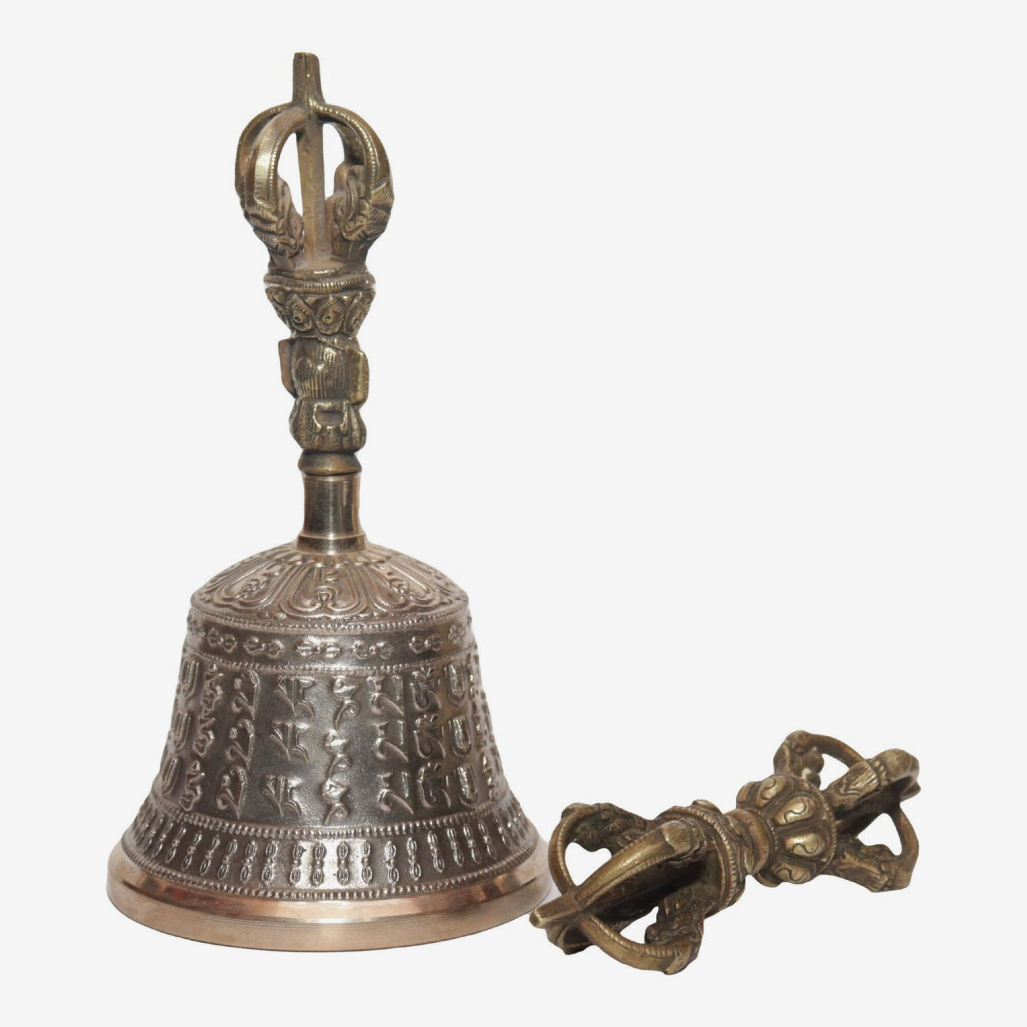 Seven Chakra Handicraft - Shining White Mantra Designed Tibetean Bronze Bell With Bajra Set 18 cm 450 g