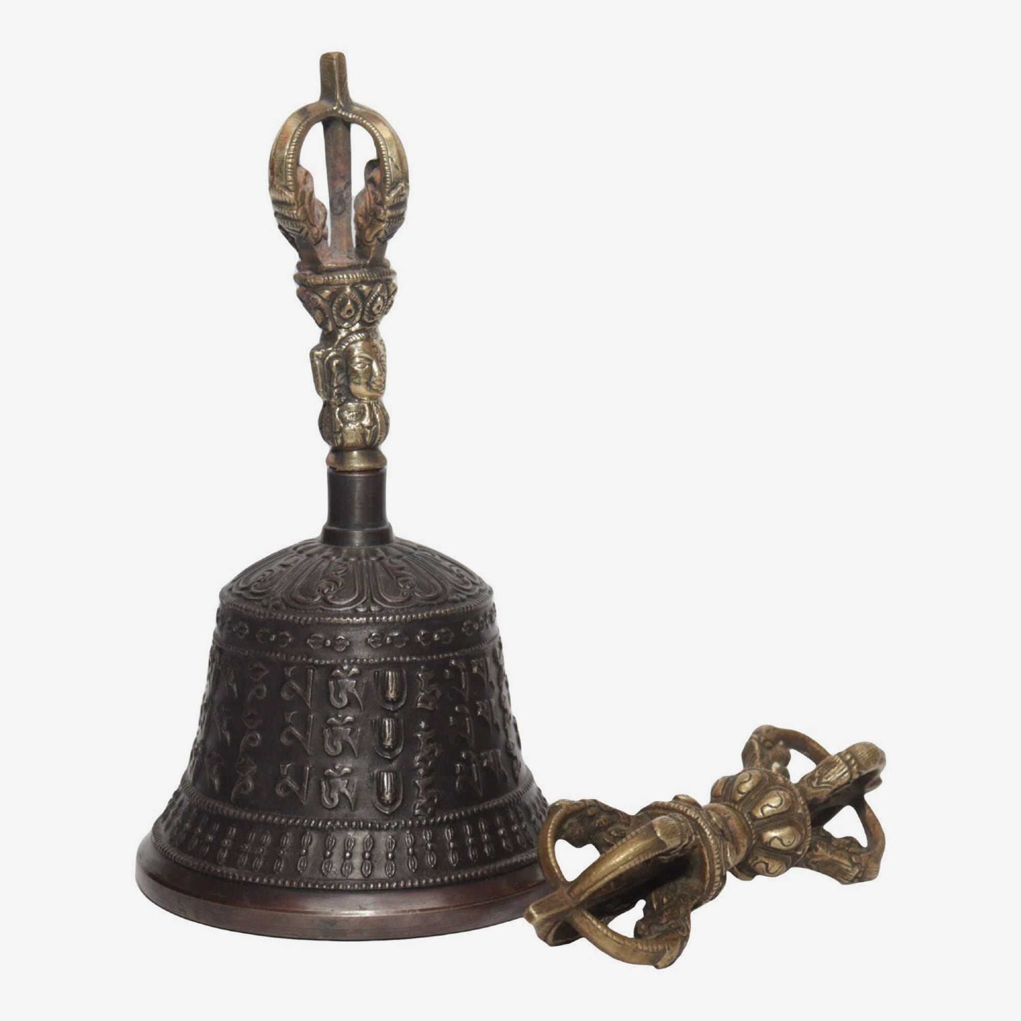 Seven Chakra Handicraft - Black Mantra Designed Tibetean Bronze Bell With Bajra Set 18 cm 450 g
