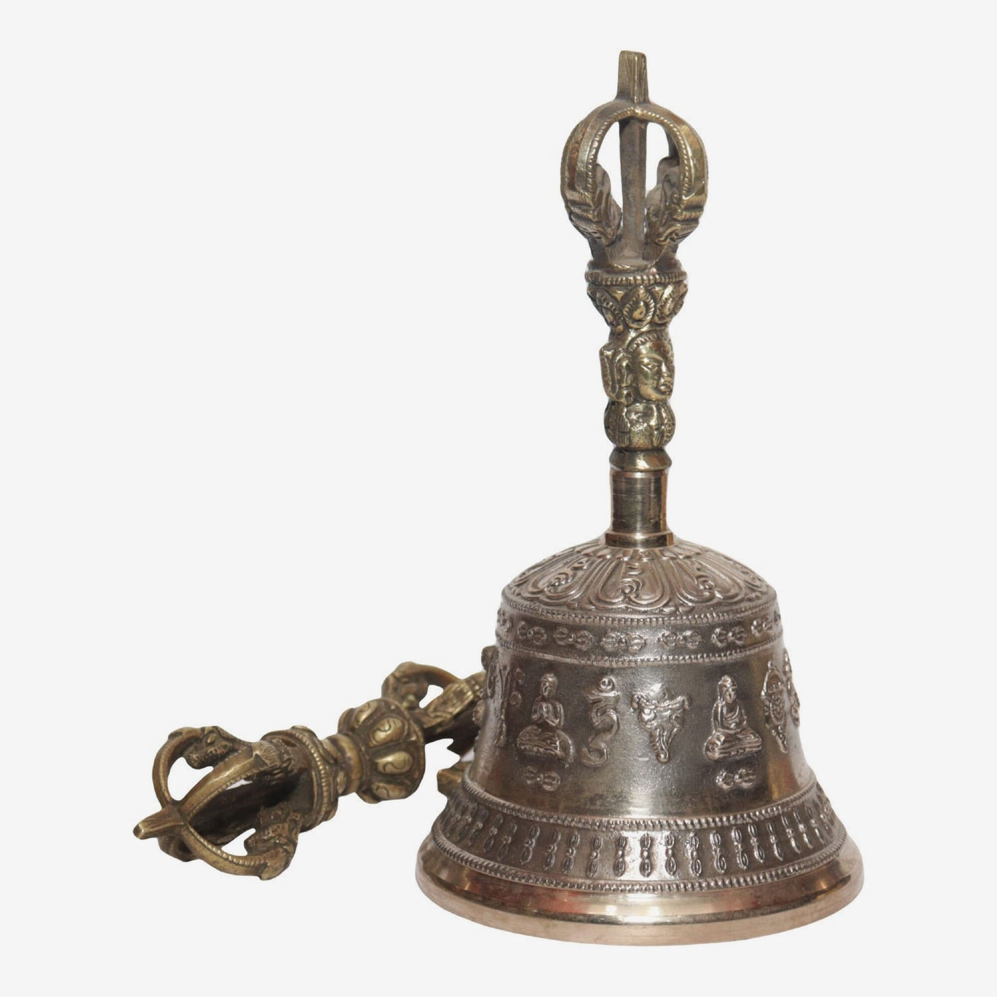 Seven Chakra Handicraft - Shining White Panchabuddha Designed Tibetean Bronze Bell With Bajra Set 18 cm 450 g