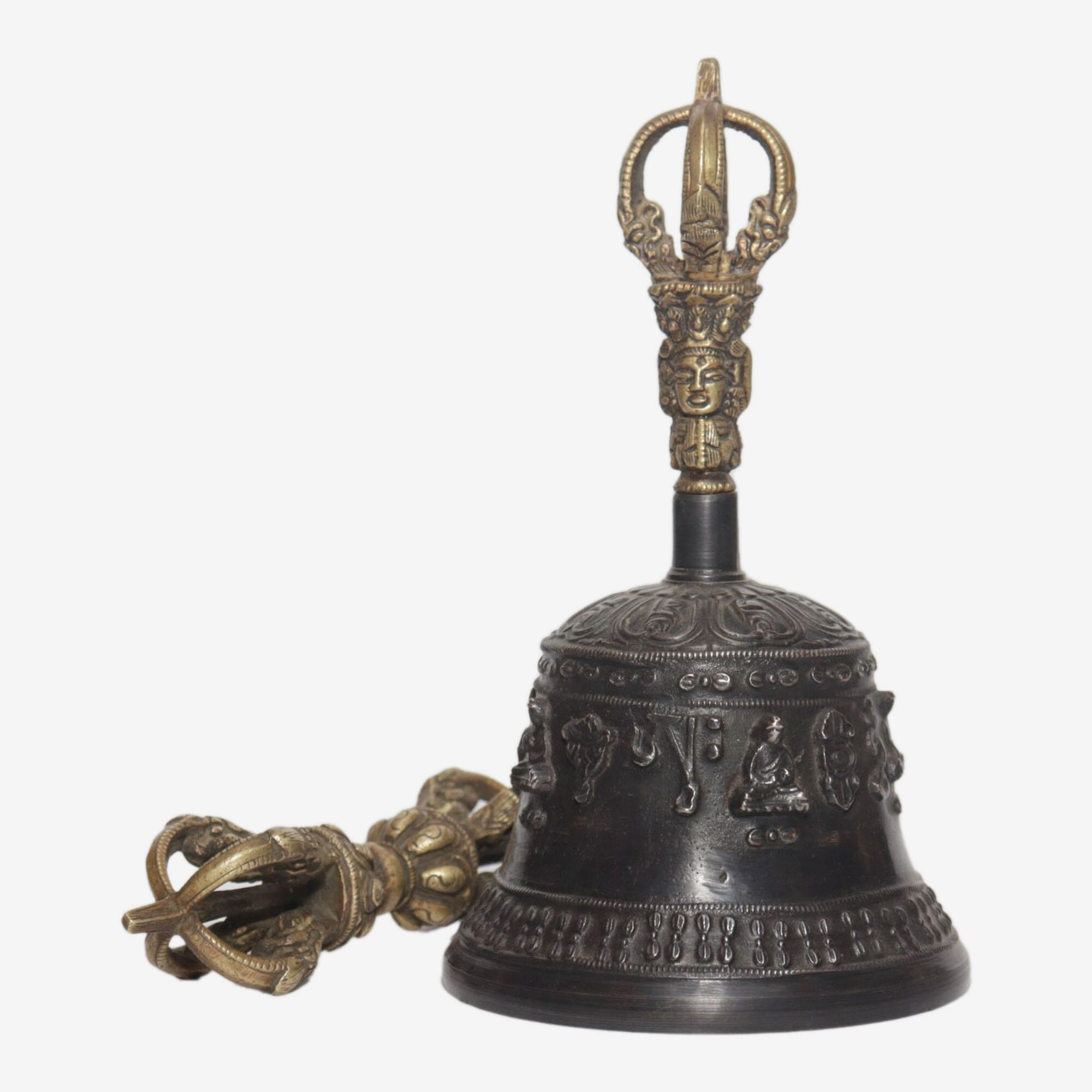 Seven Chakra Handicraft -Black Panchabuddha Designed Tibetean Bronze Bell With Bajra Set 18 cm 450 g