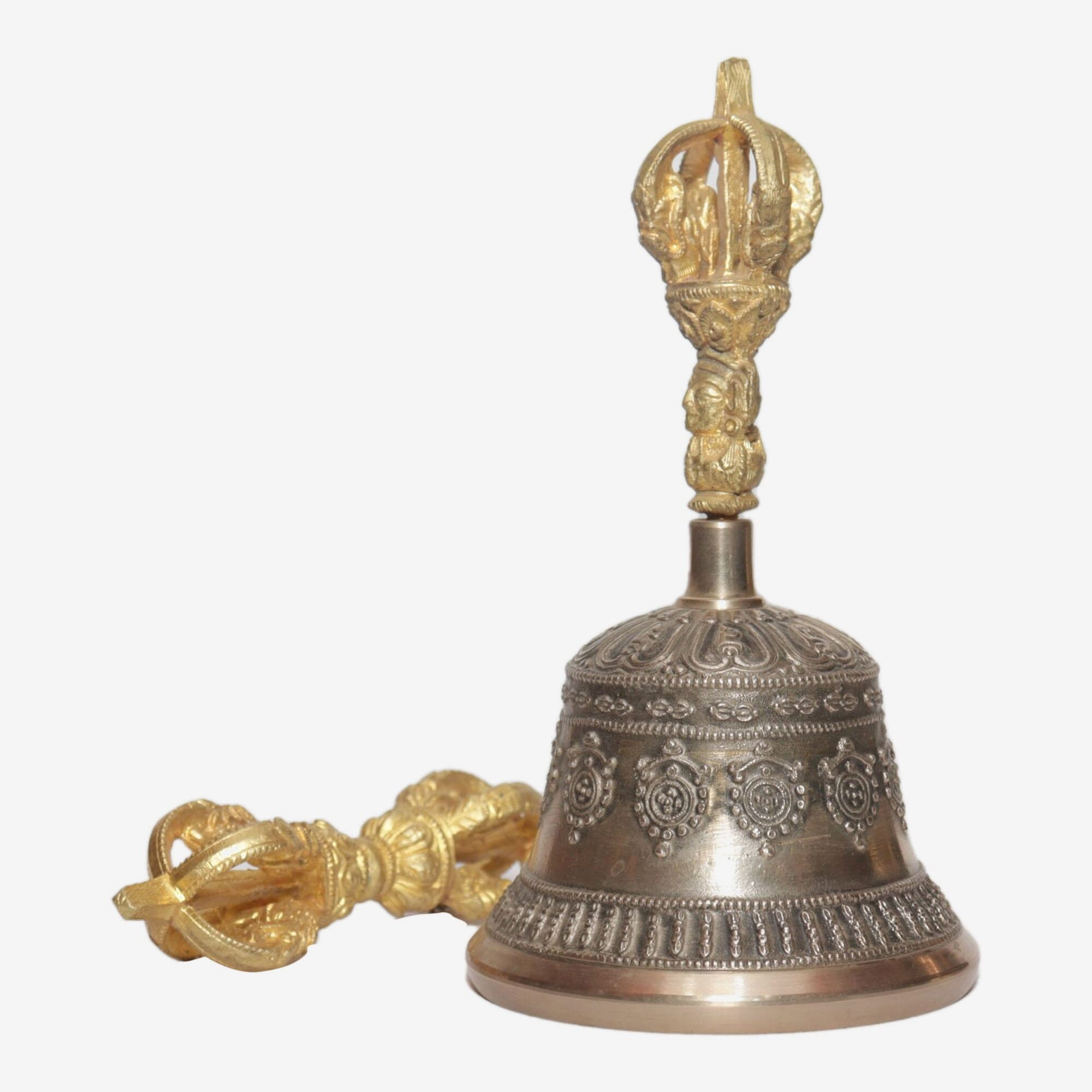 Seven Chakra Handicraft -Shining White Dharmachakra Designed Tibetean Bronze Bell With Bajra Set 18 Cm 450 G