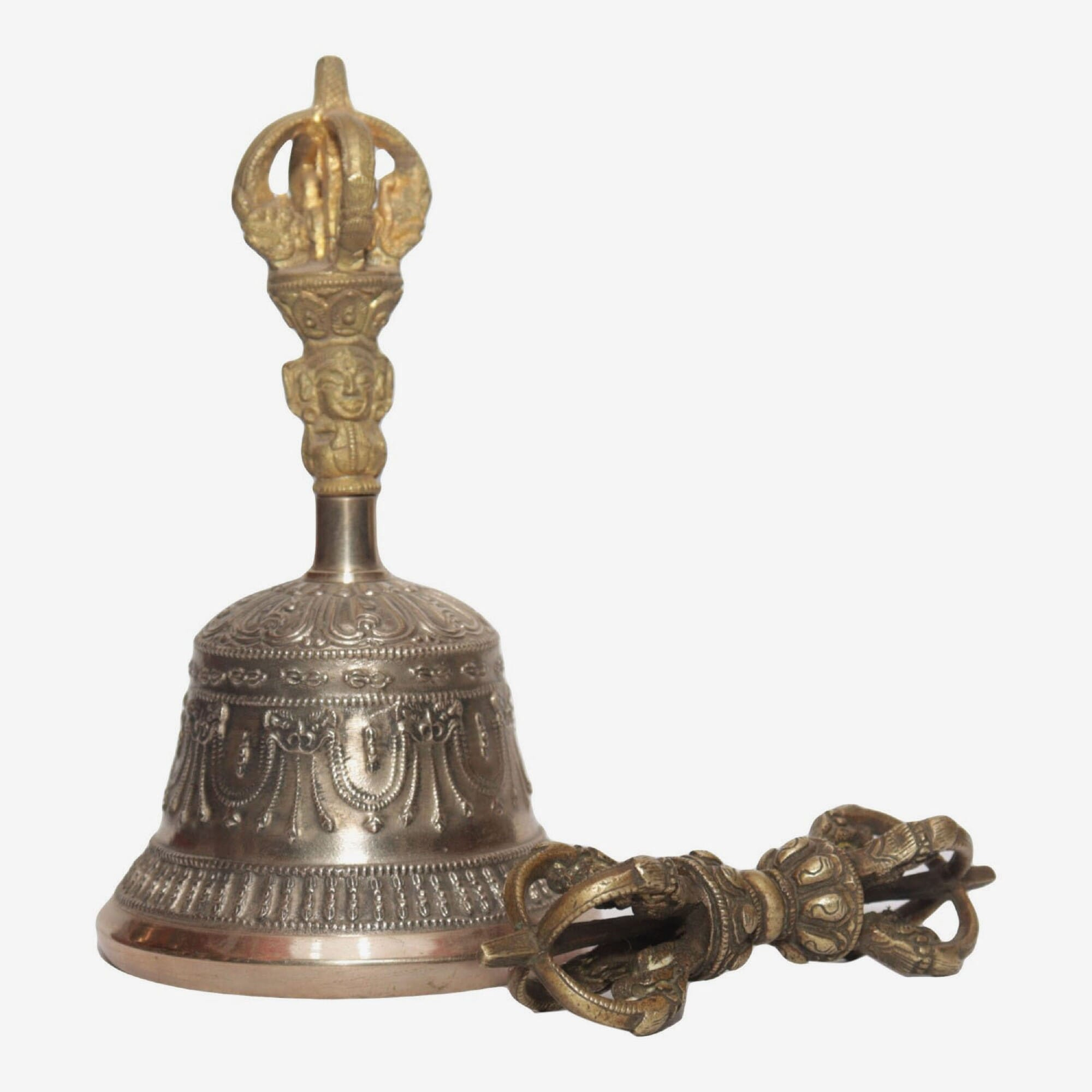 Seven Chakra Handicraft - Shining White Chepu Designed Tibetean Bronze Bell With Bajra Set 18 cm 450 g