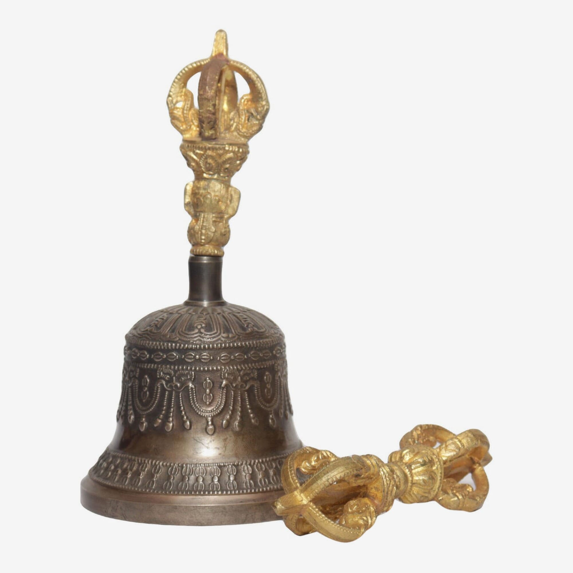 Seven Chakra Handicraft -Grey Chepu Designed Tibetean Bronze Bell With Bajra Set 18 Cm 450 G